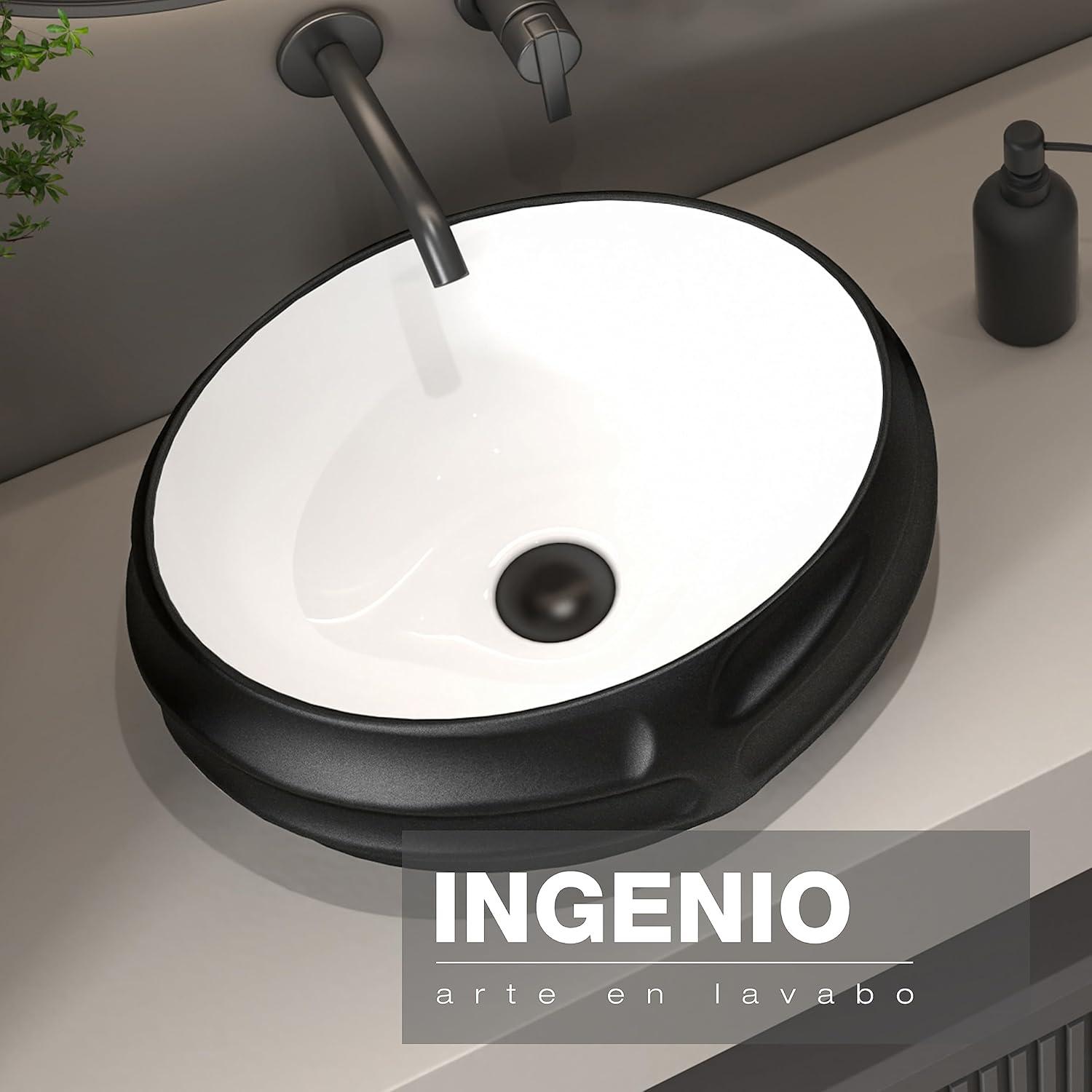 MEJE 18 Inch Oval Art Basin with Embossed Pattern, Matte Black Color, Countertop Bathroom Vessel Sink, Above Counter Porcelain Ceramic Vanity Sink (Include pop up drain)