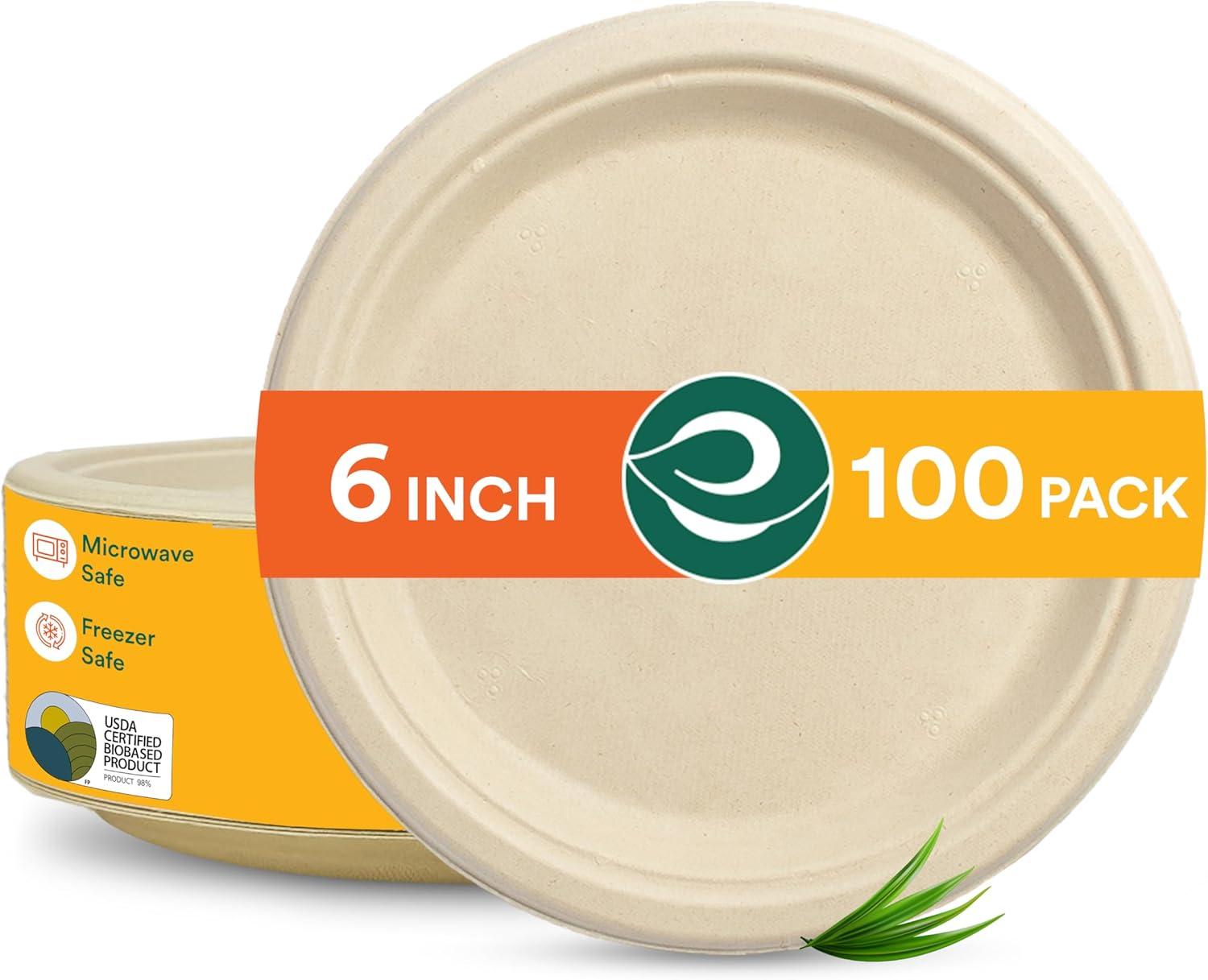ECO SOUL 6 Inch Round [100-Pack] Tree Free Compostable Plates I Heavy-Duty Eco-Friendly Appetizer Plates I Biodegradable Sugarcane Eco Plates