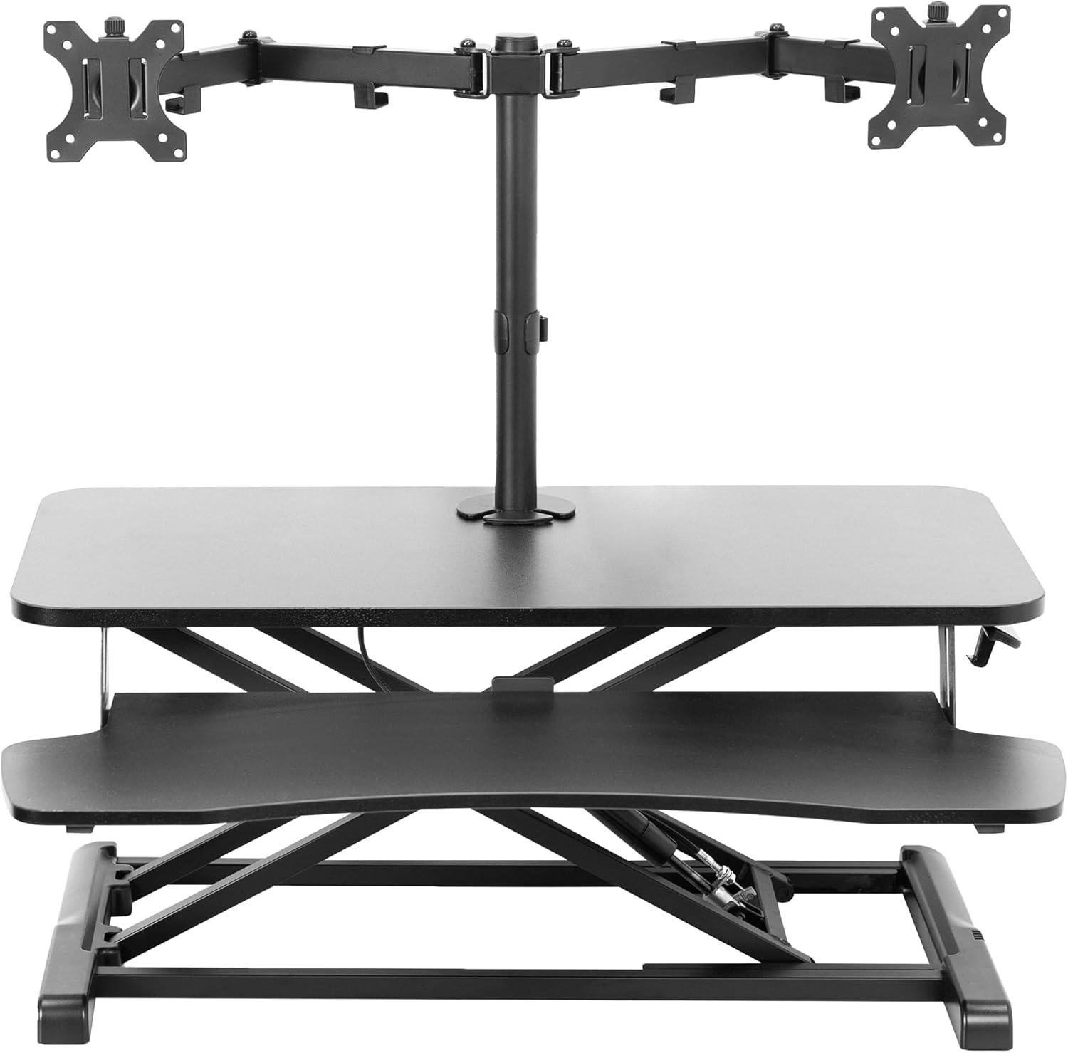 Black Adjustable Standing Desk Converter with Dual Monitor Mount