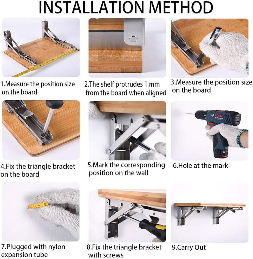 Storystore Folding Shelf Brackets - 10 Inch Heavy Duty Stainless Steel Collapsible Shelf Bracket for Bench Table, Space Saving DIY Bracket, Max Load: 550lb （2 PCS）