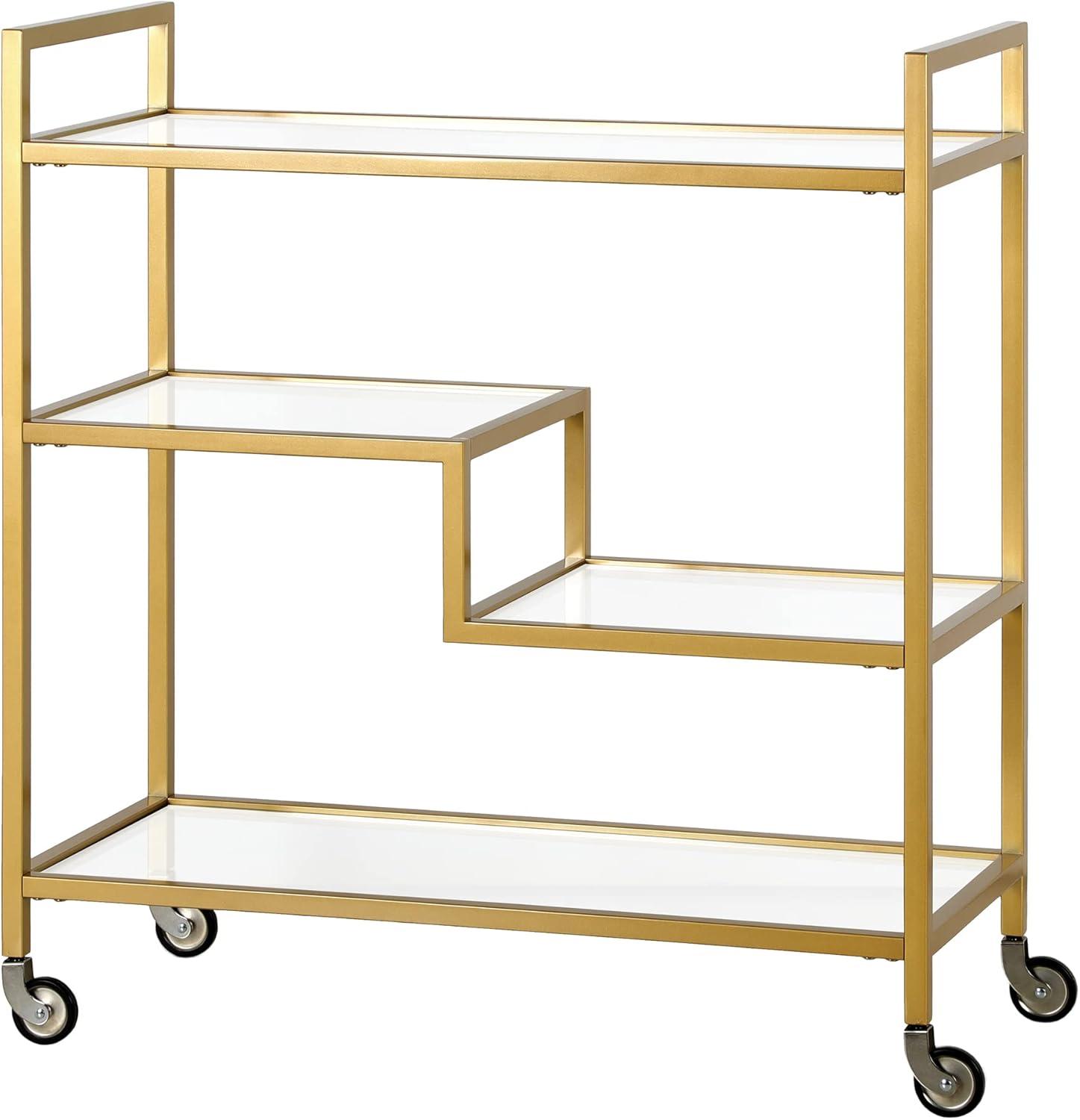 Gold Rectangular Bar Cart with Glass Shelves