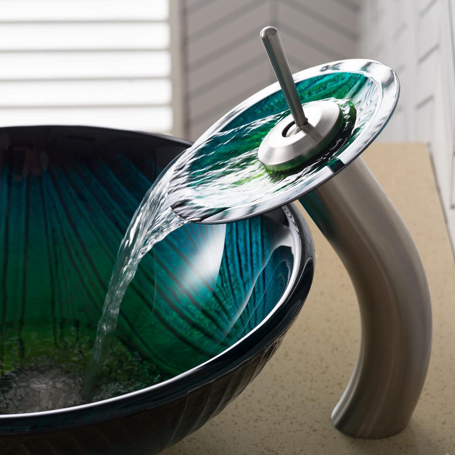 Kraus Nei Glass Bathroom Vessel Sink and Waterfall Faucet Set with Pop-Up Drain