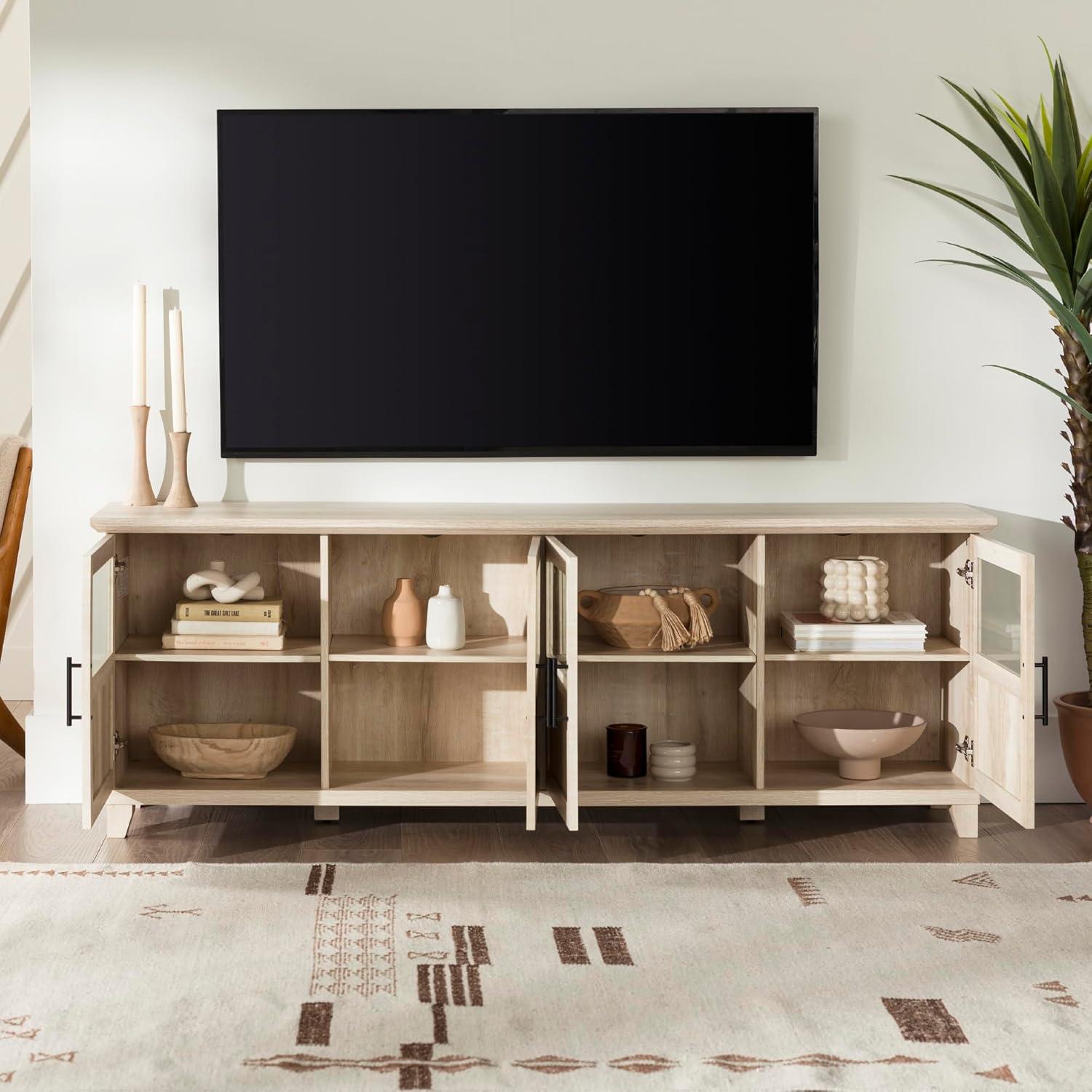 Transitional White Oak 70" TV Console with Glass Panel Doors