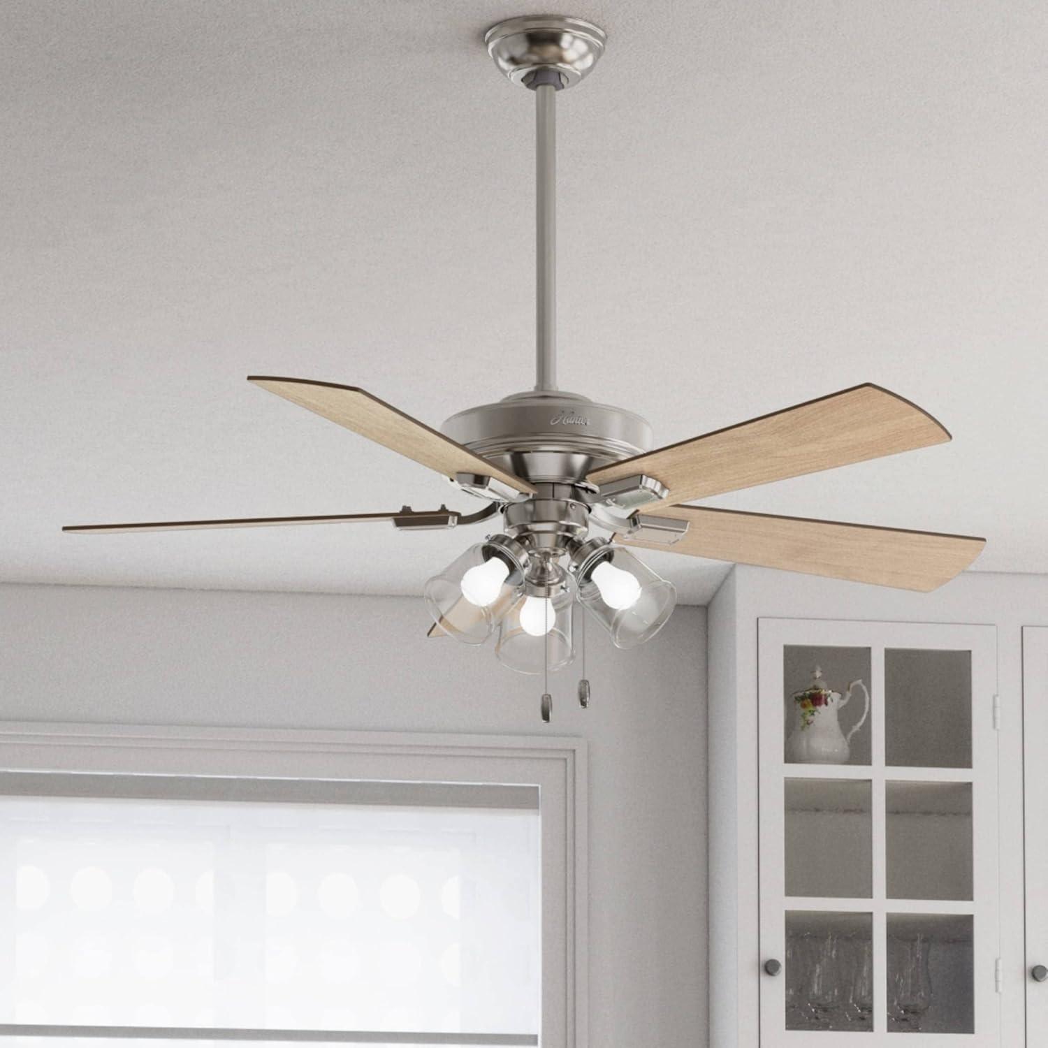 Hunter Fan 52" Crestfield Ceiling Fan (Includes LED Light Bulb) Nickel: 5-Blade, 3-Speed, Reversible Motor, Glass Shades