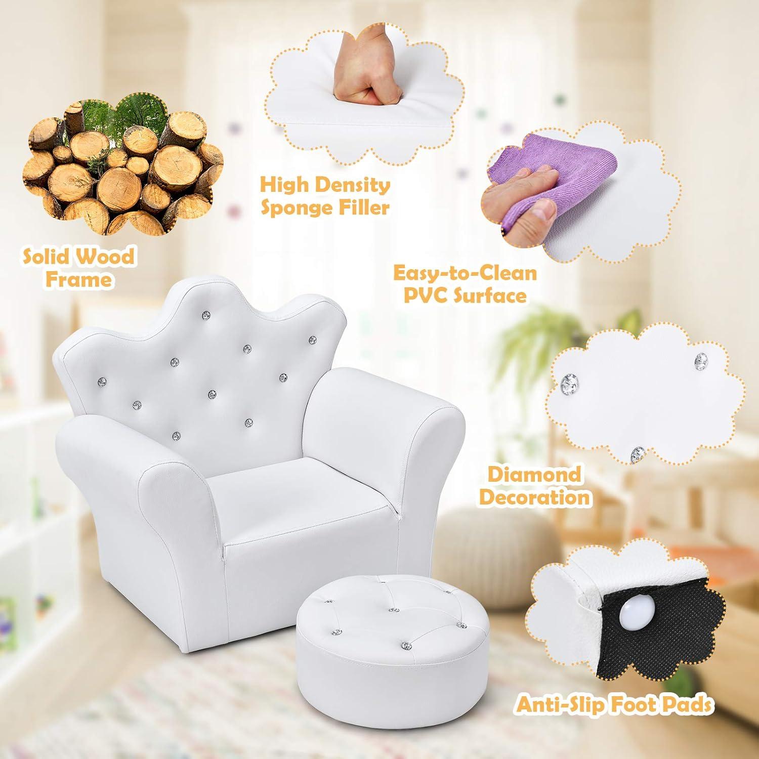 Kepooman Kids Sofa, Children Kids Chair,Toddler Reading Couch, Children Upholstered Princess Sofa with Ottoman and Diamond Decoration for Boys and Girls-White