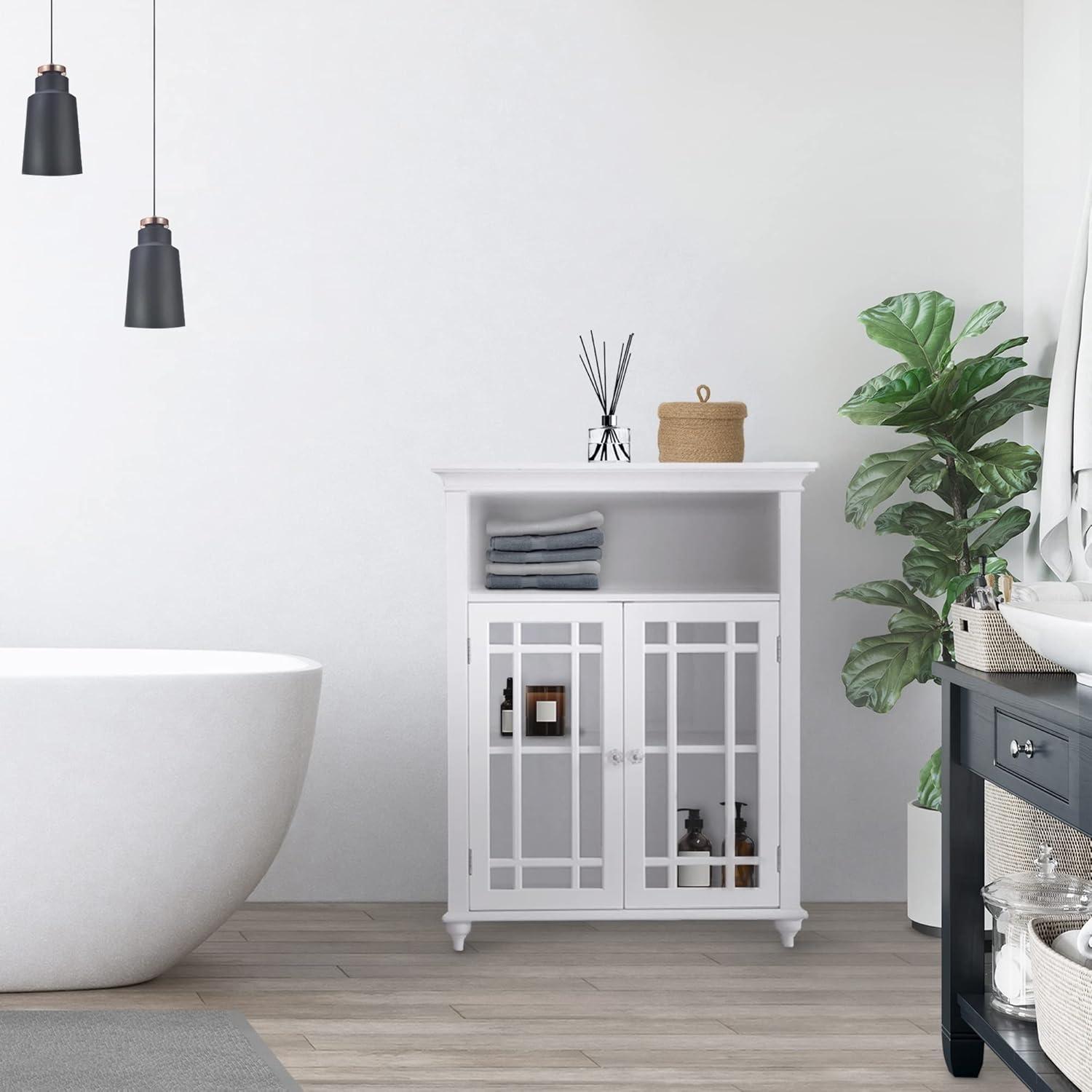 White Engineered Wood Bathroom Floor Cabinet with Glass Doors