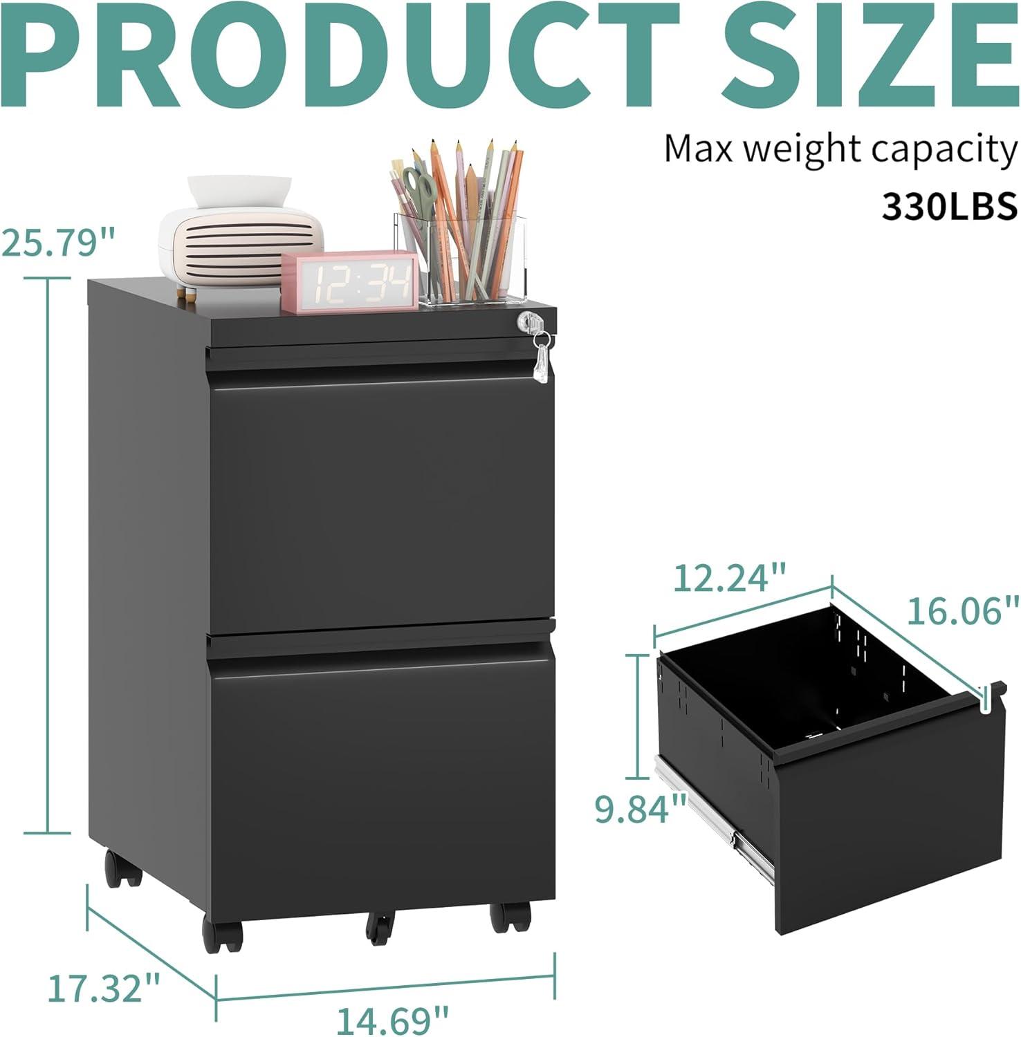 Black Metal 2-Drawer Lockable Mobile Filing Cabinet