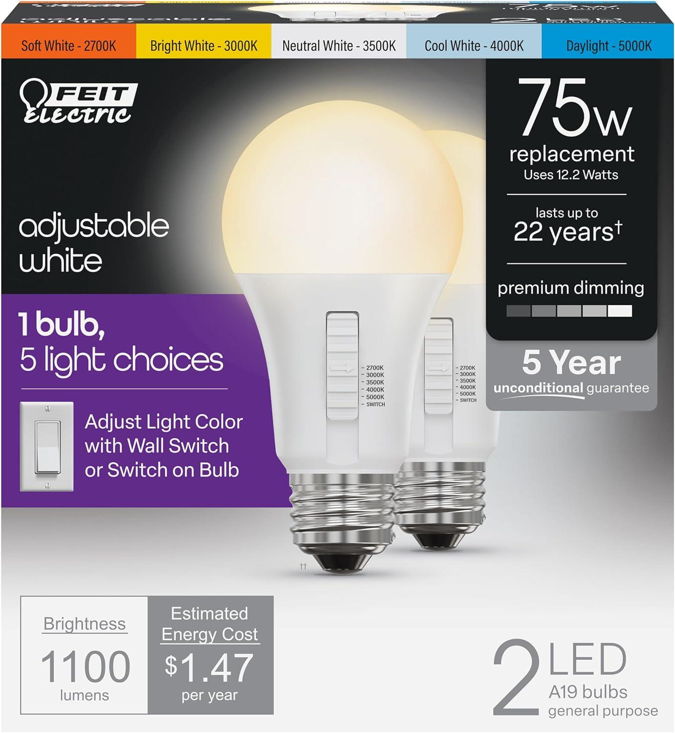 Feit Electric A19 E26 (Medium) LED Light Bulb Tunable White/Color Changing 75 Watt Equivalence 2 pk