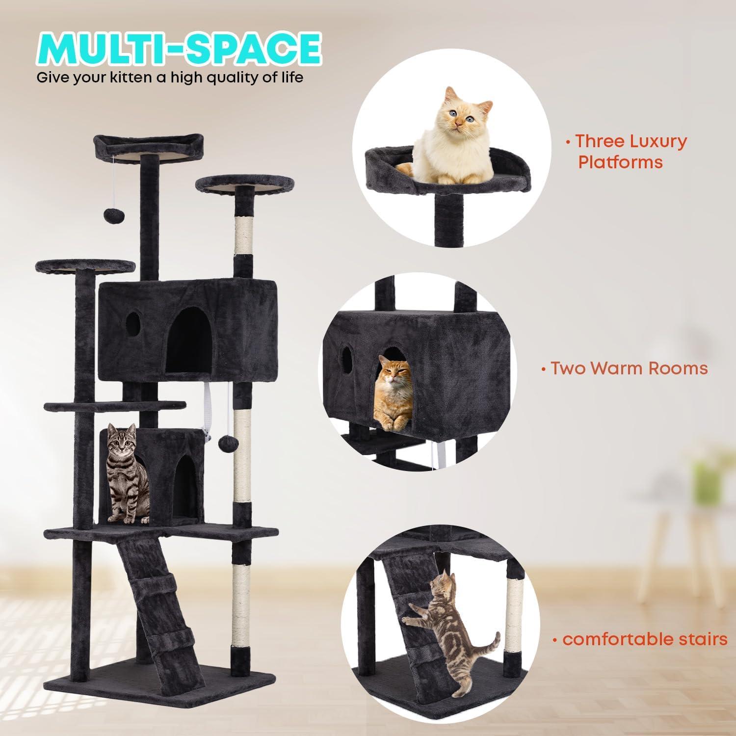 Tucker Murphy Pet™ 70In Cat Tree Tower For Indoor Cats,Multi-Level, Furniture Activity Center With Scratching Posts Stand House Cat Condo With Funny Toys For Kittens Pet Play House,Dark Gray
