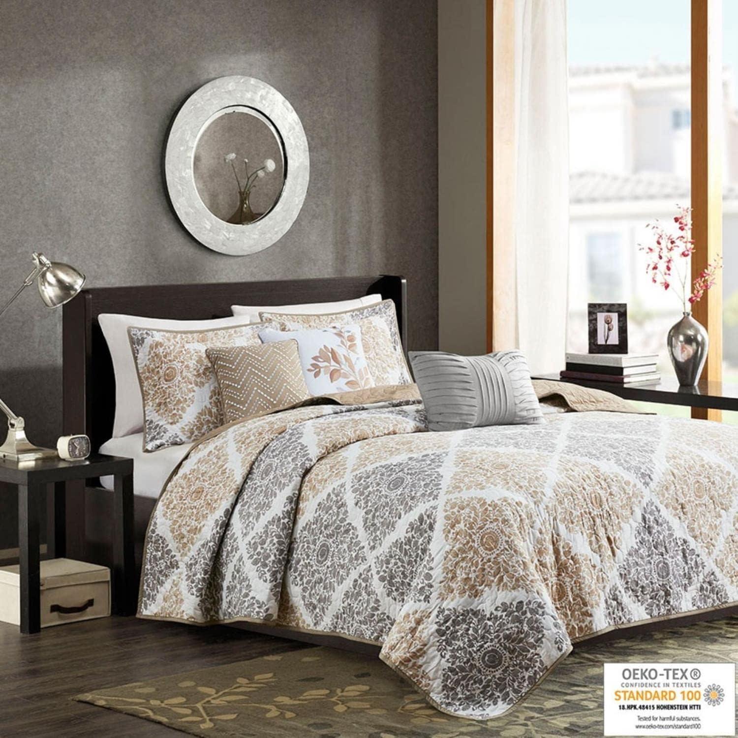 Madison Park Claire Quilt Modern Design - All Season, Breathable Coverlet Lightweight Bedding Set, Matching Shams, Decorative Pillow, King/Cal King (104 in x 92 in), Diamond Neutral 6 Piece