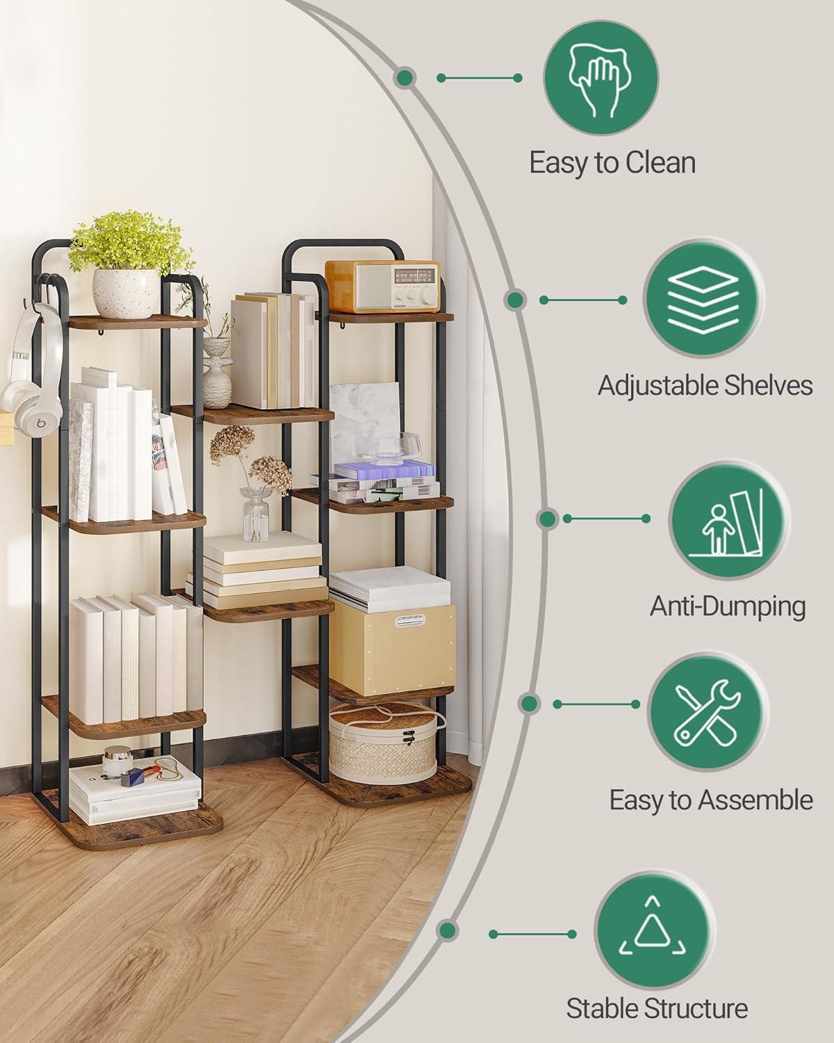 Vertical Shoe Rack, Shoe Shelves, Wood Shoe Organizer For Closet, Entryway, Shoe Tower For Small Spaces, Free Standing, Adjustable, With 2 Hooks, 6 Tier Rustic Brown