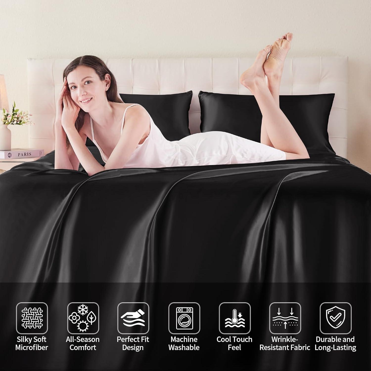 INKEDZ Satin Bed Sheets, Queen Size Sheets Set, 4 Pcs Silky Bedding Set with 15 Inches Deep Pocket for Mattress (Queen, Black)