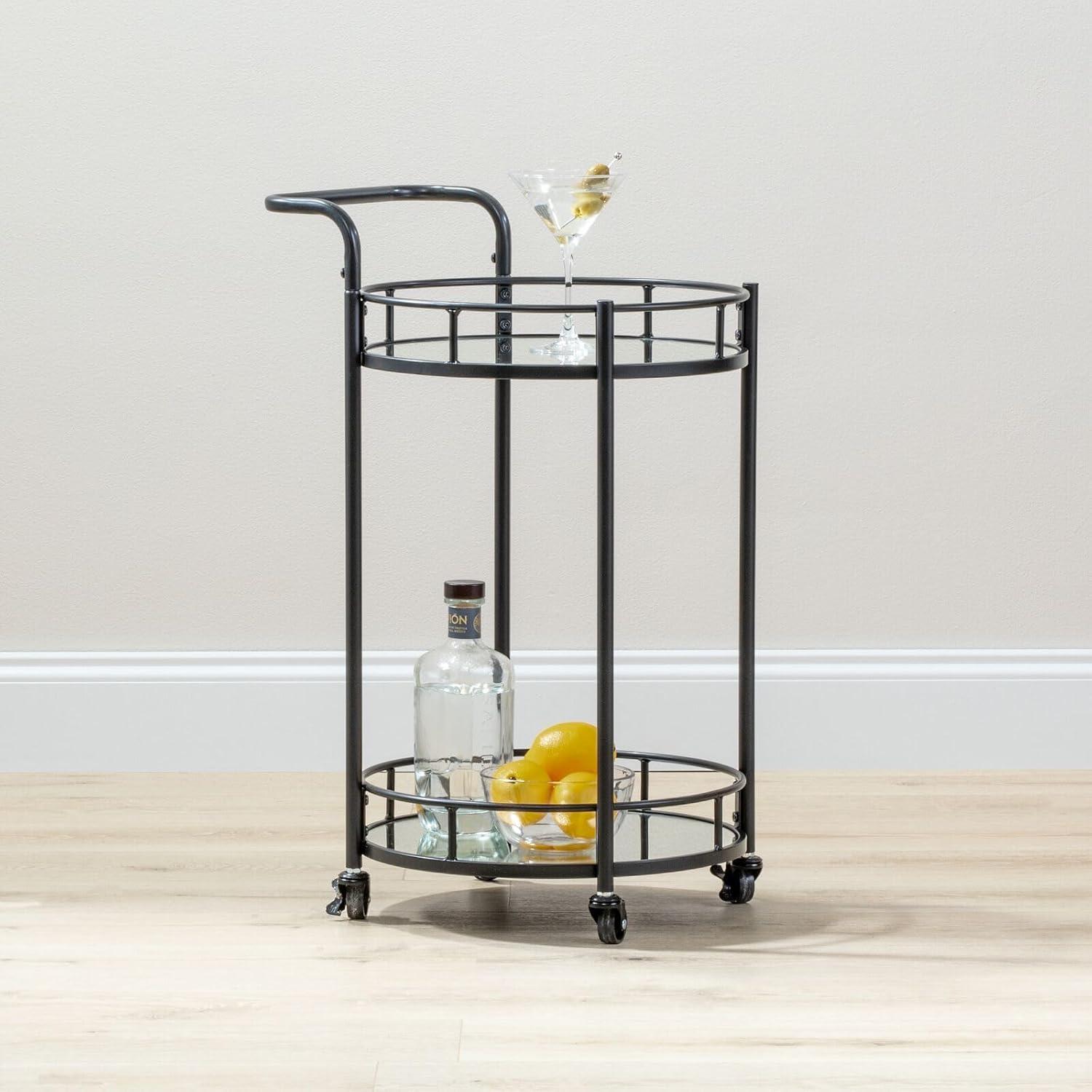 Black Round Metal Rolling Bar Cart with Glass Shelves