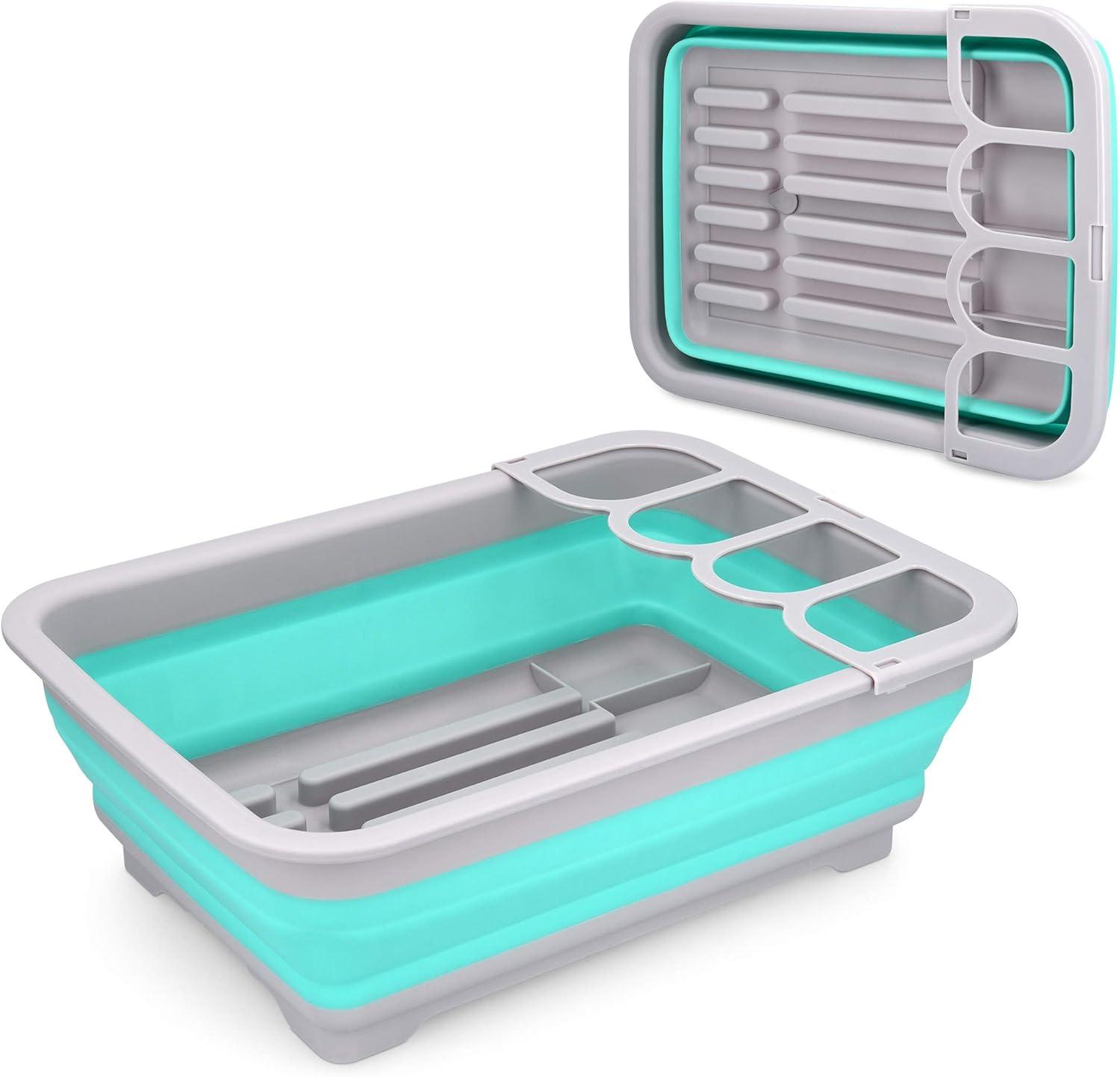 Navaris Collapsible Dish Drying Rack - Drainer for RV, Camper, Camping, Travel Trailer, Small Spaces - Portable Dishes Dryer with Drain - Gray/Blue