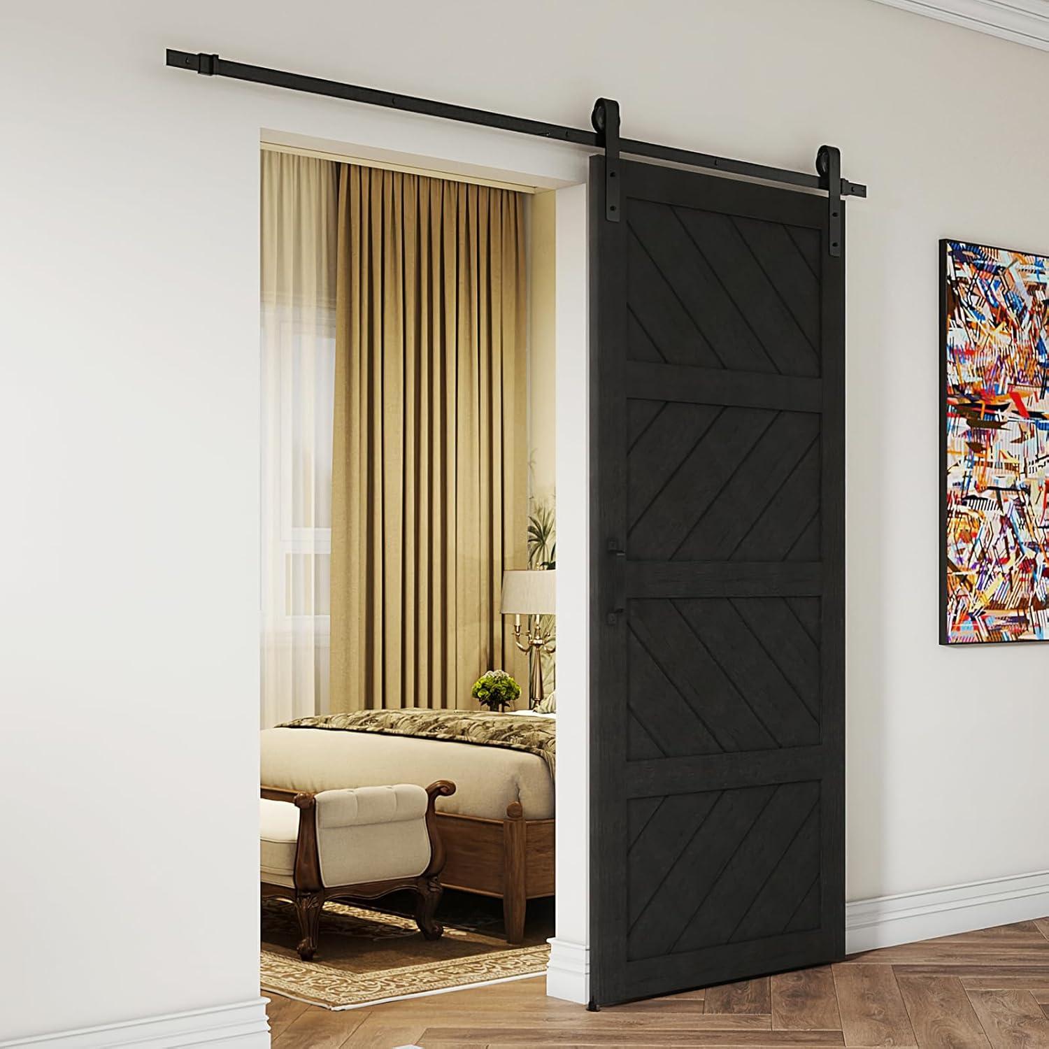 Sliding Barn Door 48”x84”, Black Barn Door with Modern Paneled Wave Design, Complete Barn Door Set, Waterproof PVC Surface, Assembly Required for Bedroom, Living Room, Closet, or Bathroom