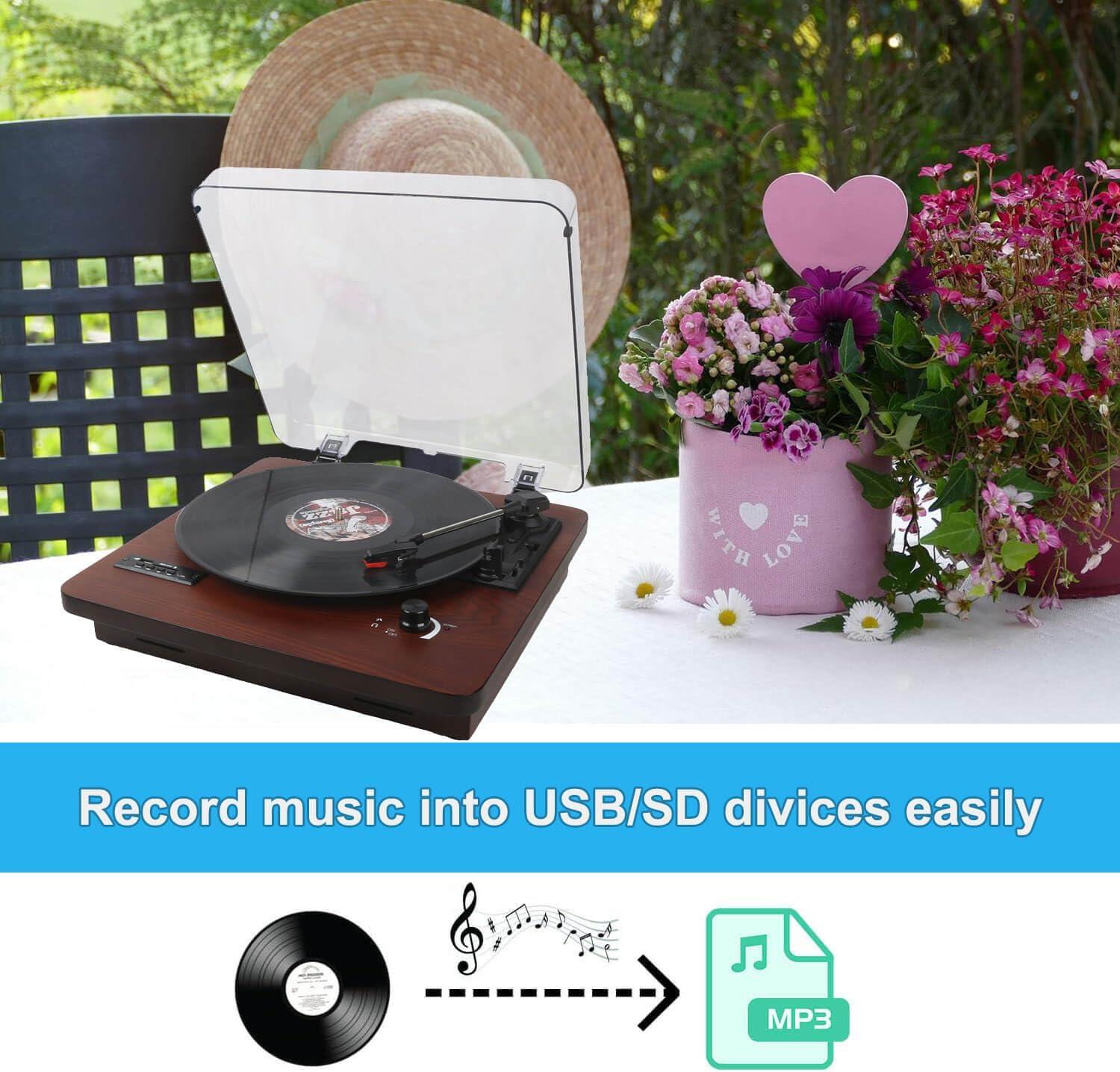 Bluetooth Record Player, 3 Speed Turntable with Built-in Speakers, Bluetooth Input & Output, FM Radio, USB/SD/MMC Support, RCA Output, AUX in, Earphone Jack