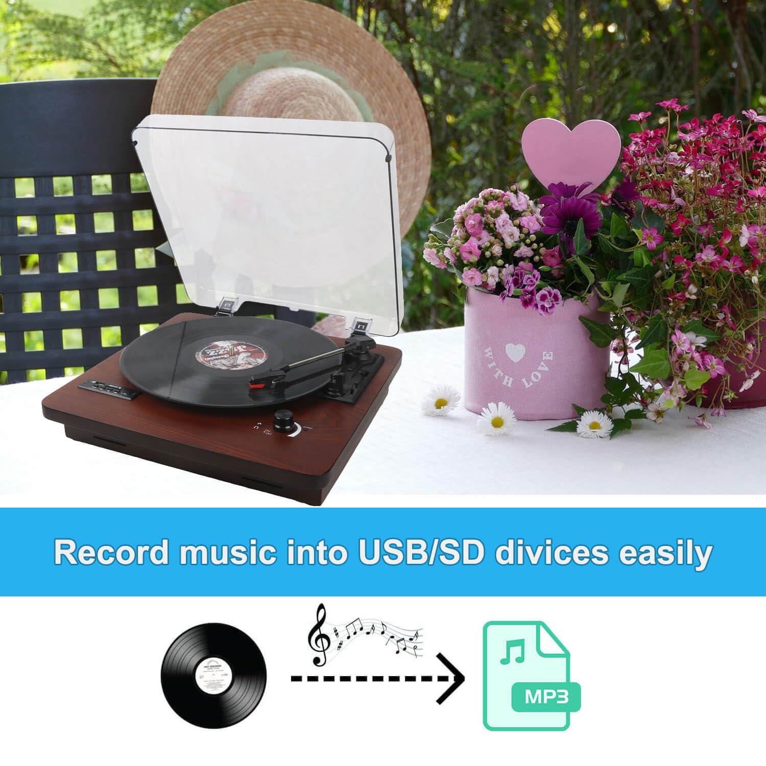 Bluetooth Record Player, 3 Speed Turntable with Built-in Speakers, Bluetooth Input & Output, FM Radio, USB/SD/MMC Support, RCA Output, AUX in, Earphone Jack