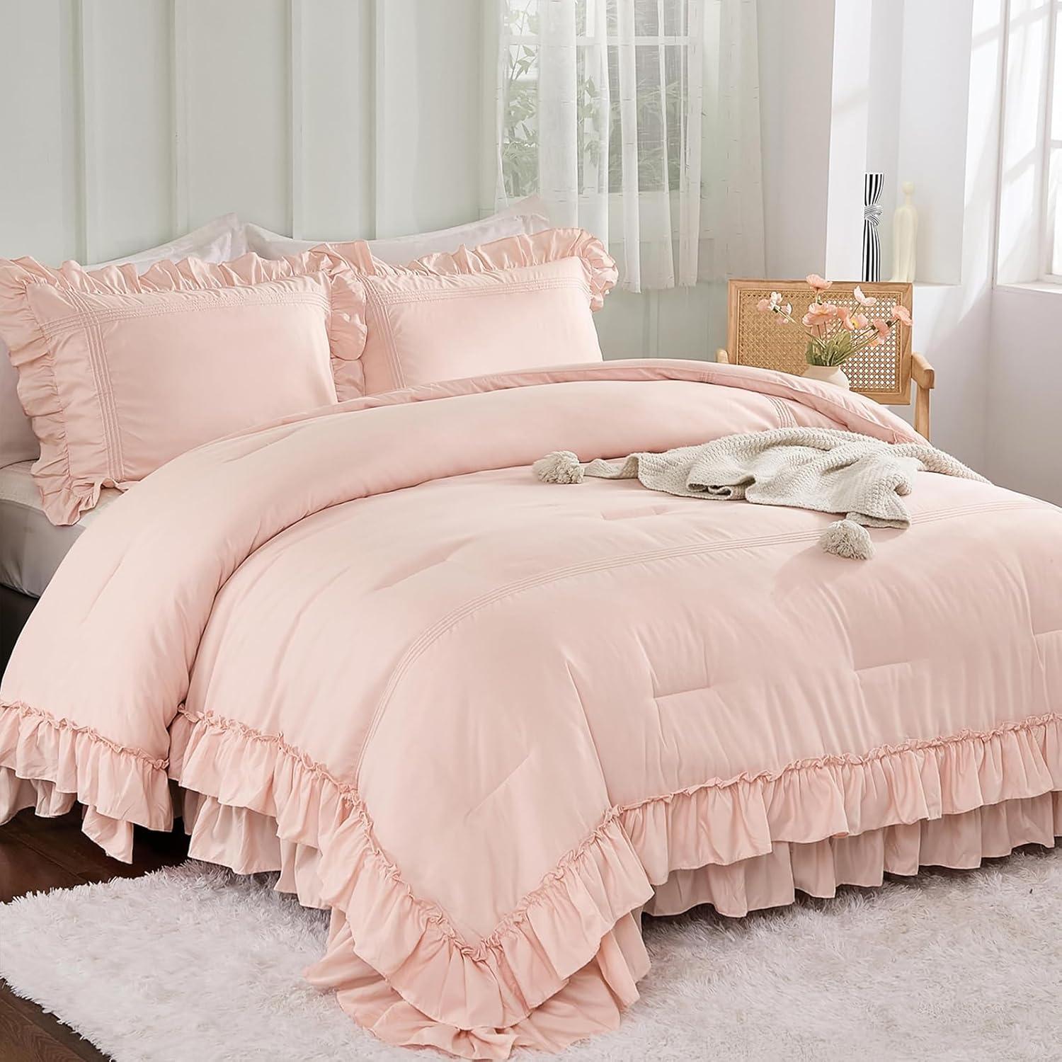 Pink Ruffled Queen Size Microfiber Duvet Cover Set