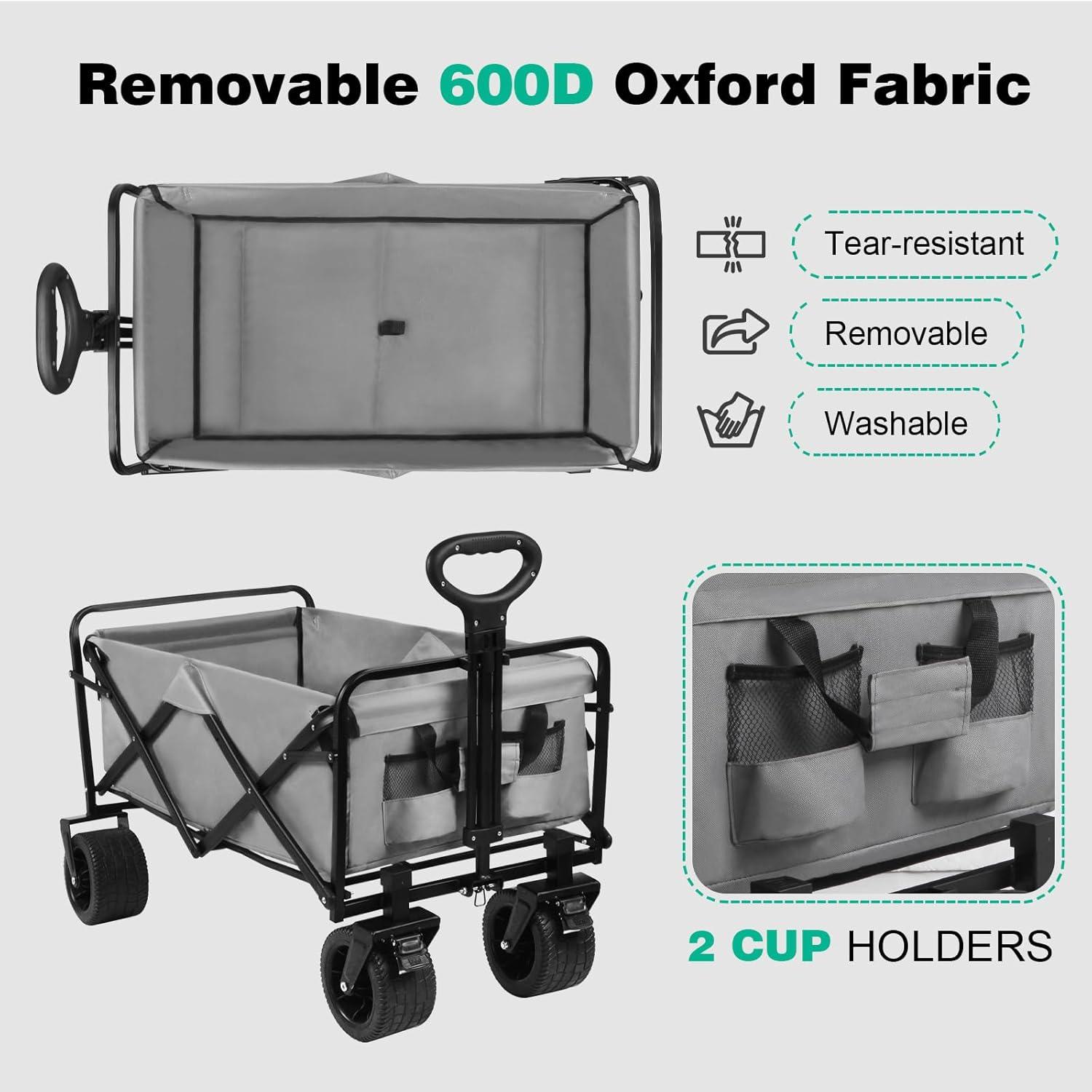 Heavy-Duty Gray Steel Folding Wagon with Adjustable Handle