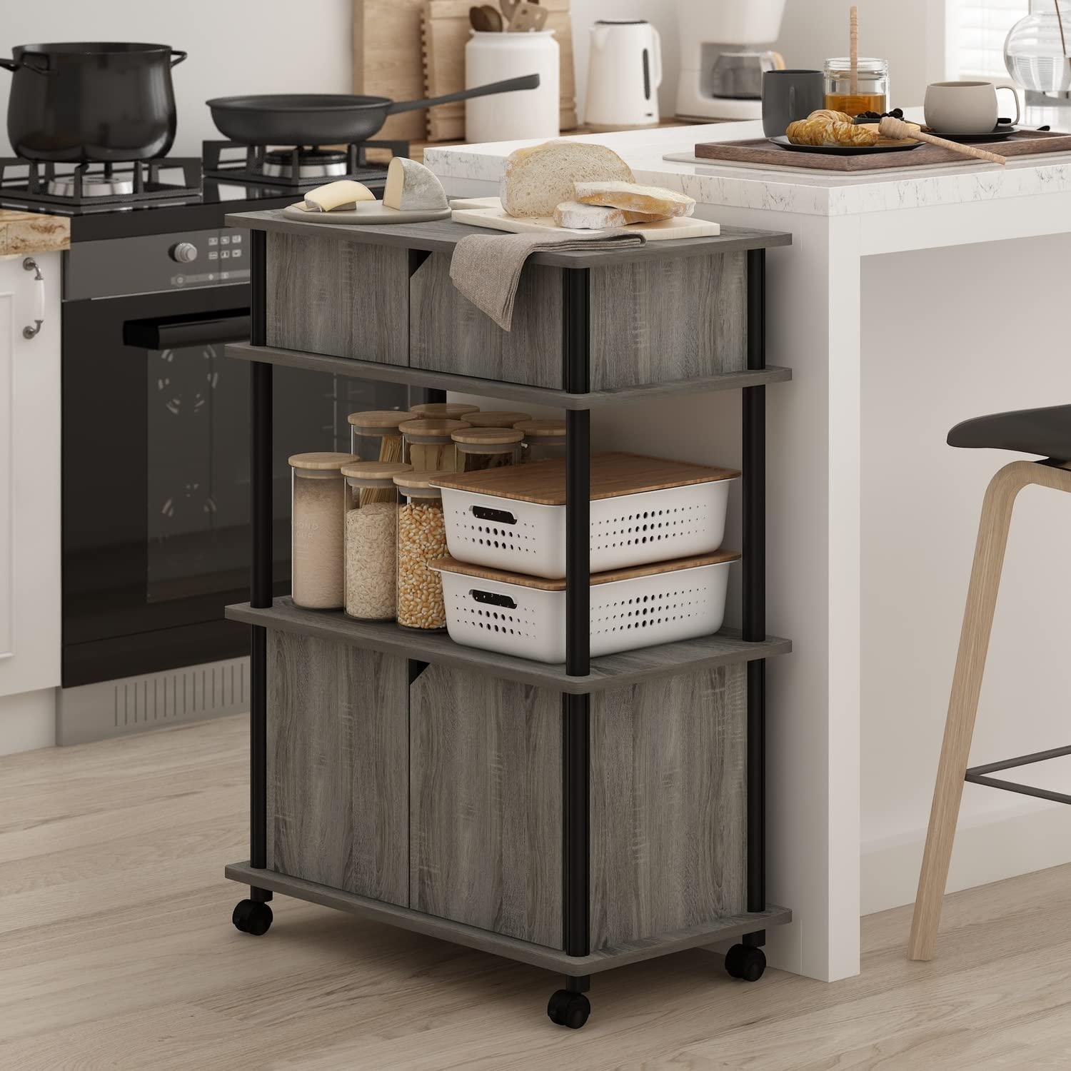 Furinno Turn-N-Tube Toolless Storage Cart with Cabinet, French Oak Grey/Black