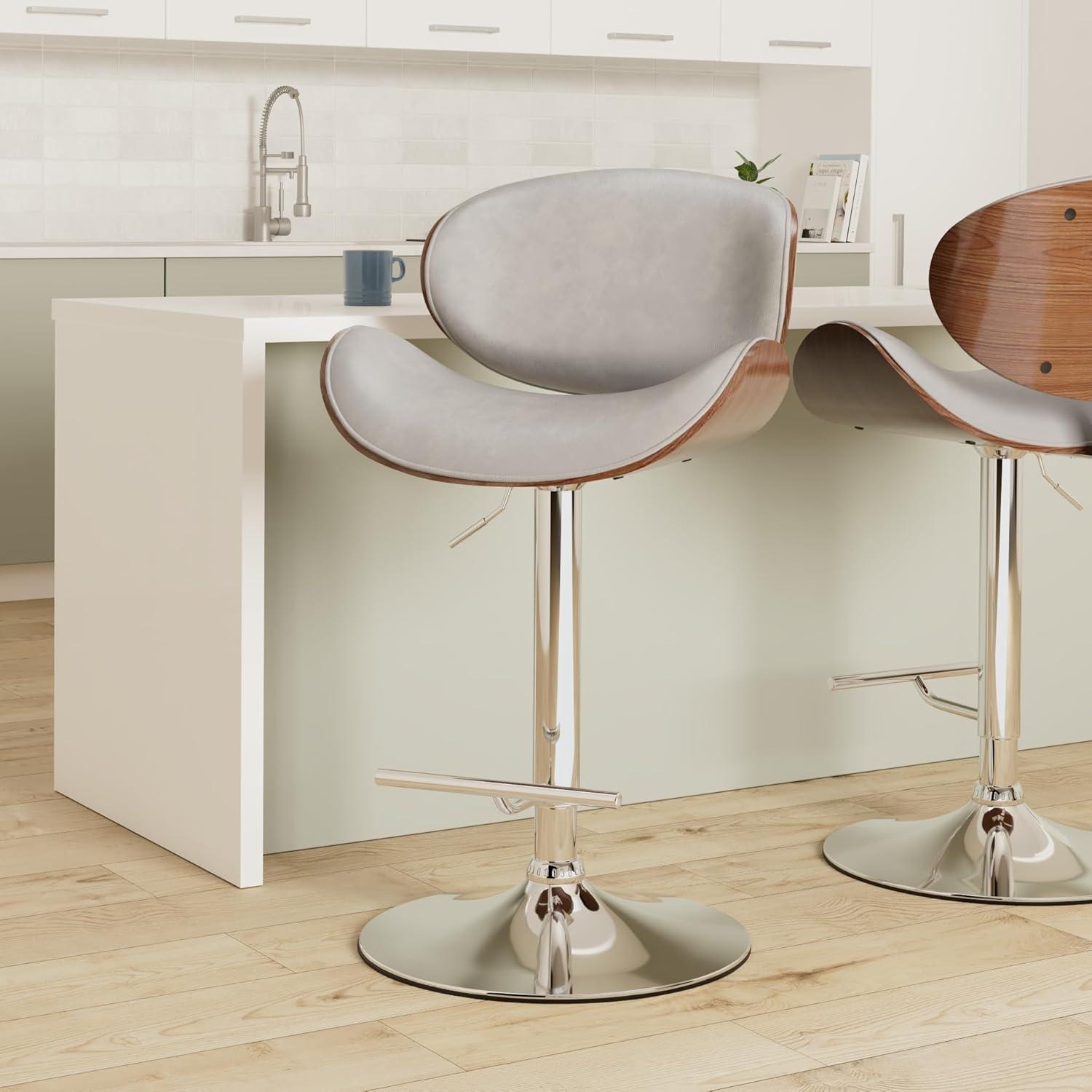 Stone Grey Adjustable Swivel Walnut Bar Stool with Chrome Finish