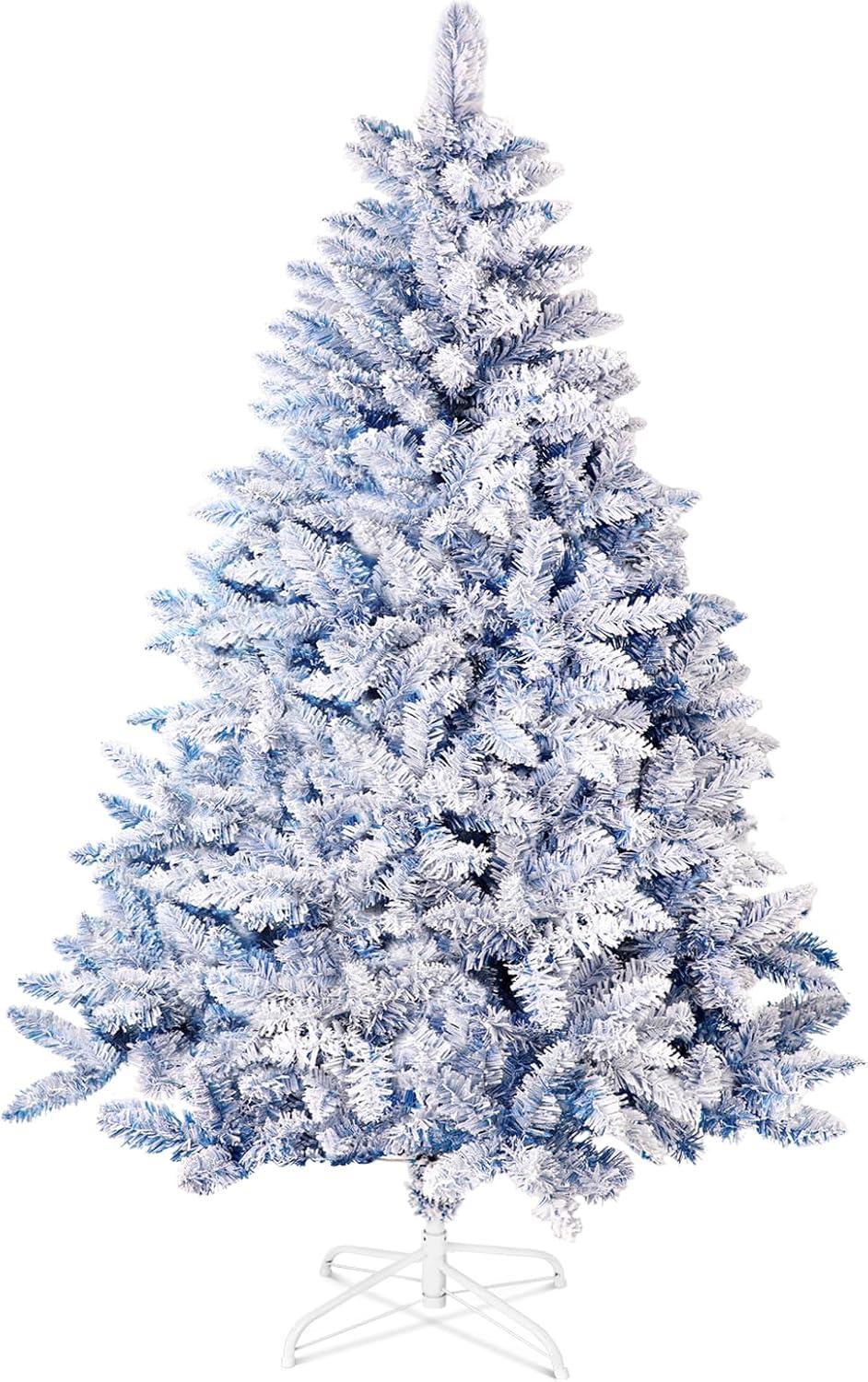 6 FT Blue Snow Flocked Artificial Christmas Tree with Metal Stand