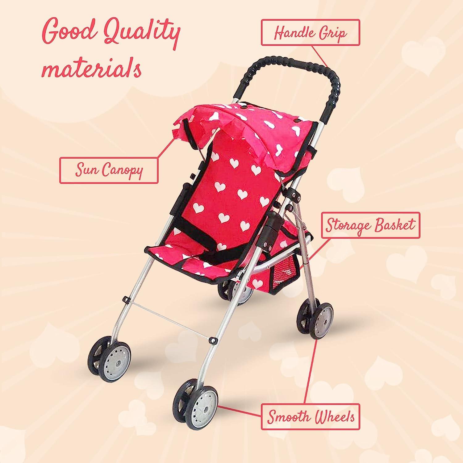 The New York Doll Collection Baby Doll Stroller - My First Toy Stroller for Kids Age 1+ Pink Heart Design