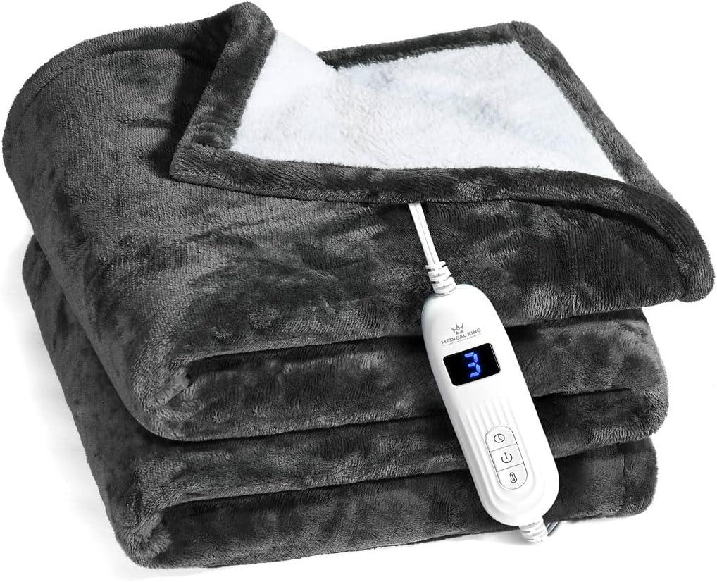 Gray Machine Washable Heated Electric Blanket with Hand Controller