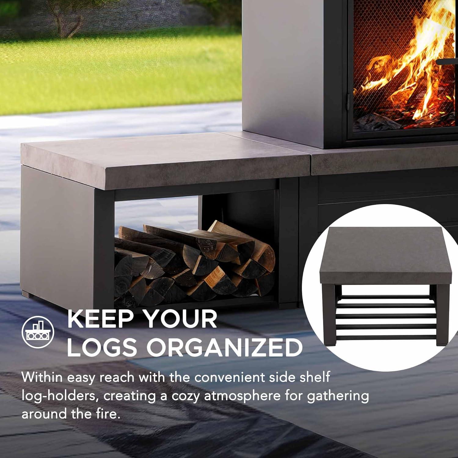 Matte Black Steel Wood-Burning Outdoor Fireplace with Chimney