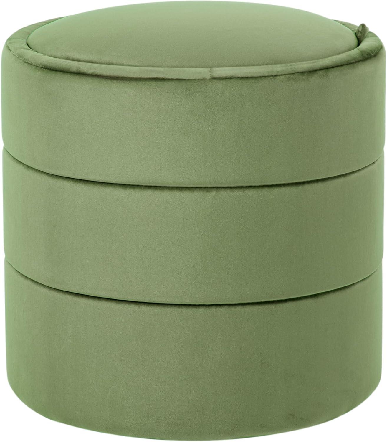 Storage Round Ottoman Green Velvet - HomePop: Upholstered Footstool, No Assembly, Polyester
