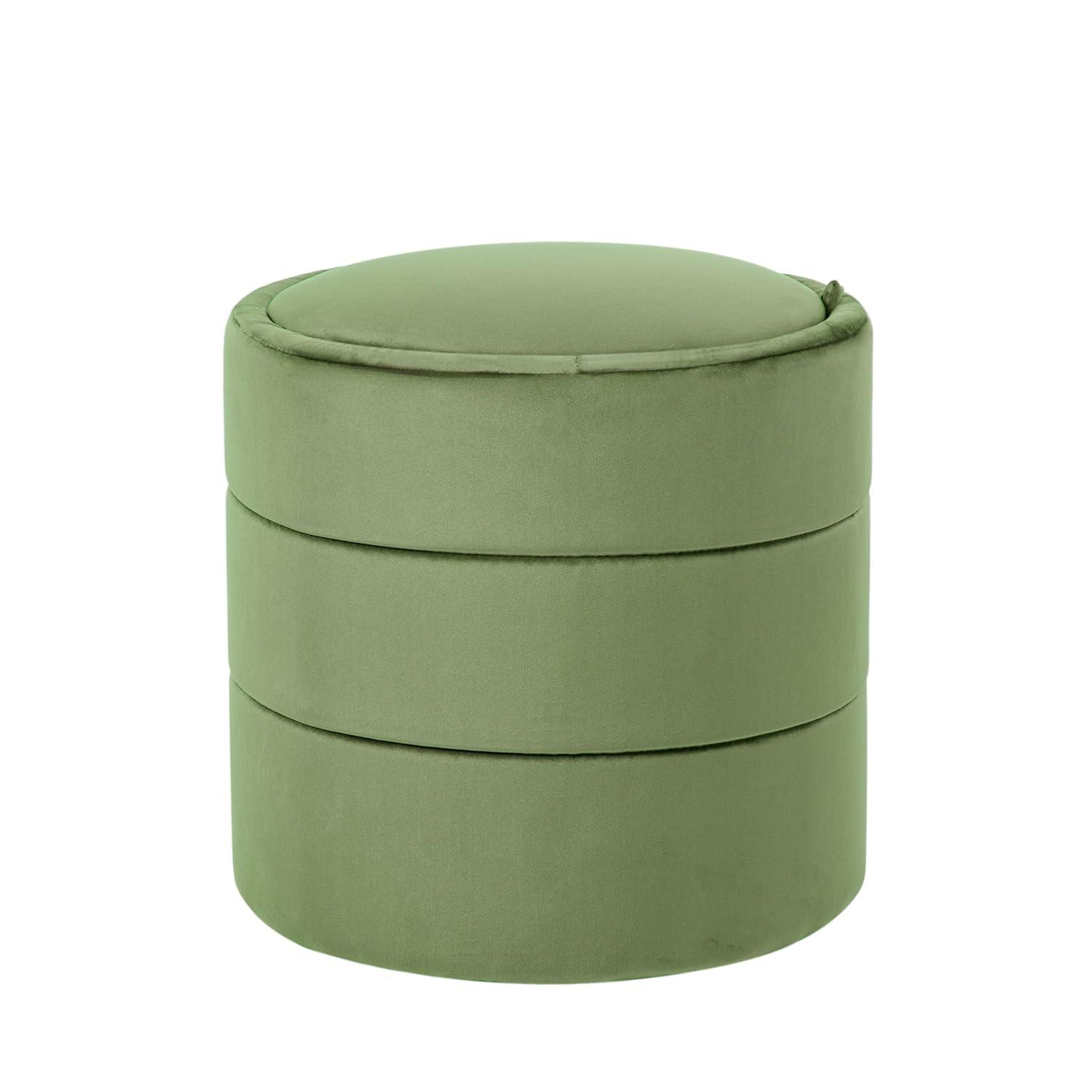 Storage Round Ottoman Green Velvet - HomePop: Upholstered Footstool, No Assembly, Polyester