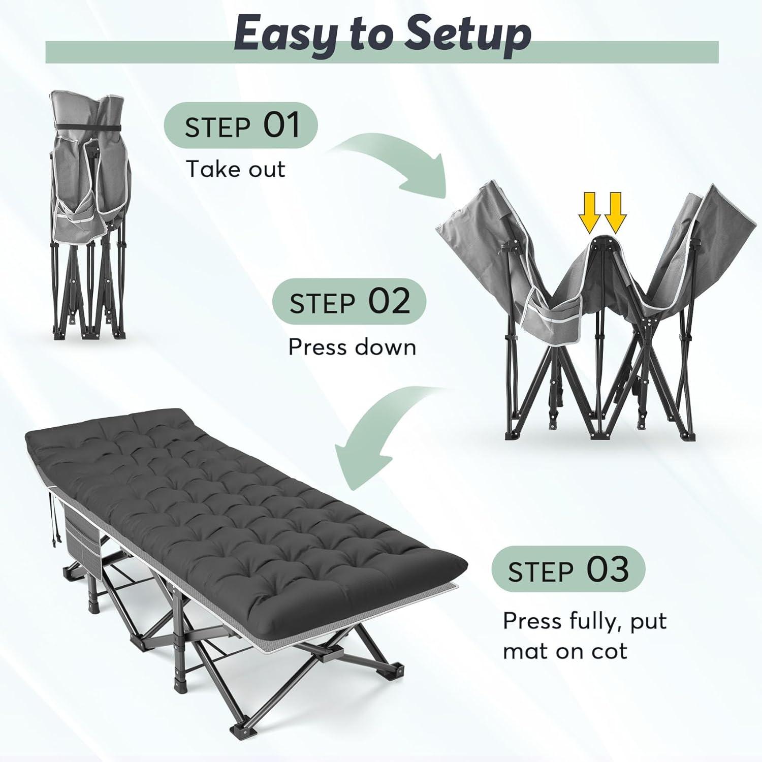 XXL Gray Folding Camping Cot with Black Mattress