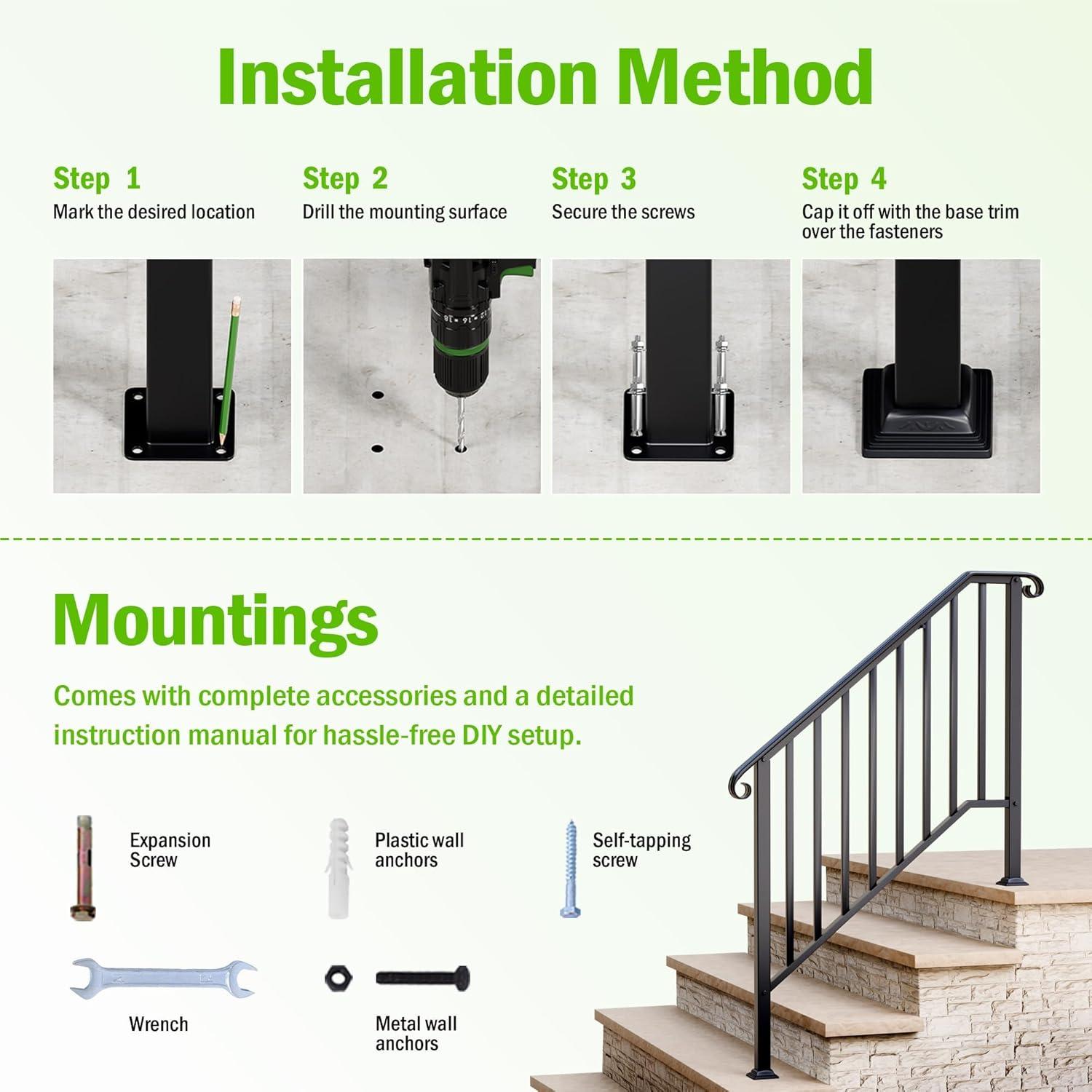 HLL Handrails for Outdoor Steps, Black Wrought Iron Handrail Fits 4 or 5 Steps, Transitional Handrail with Installation Kit, Stair Railing for Concrete Steps or Wooden Stairs