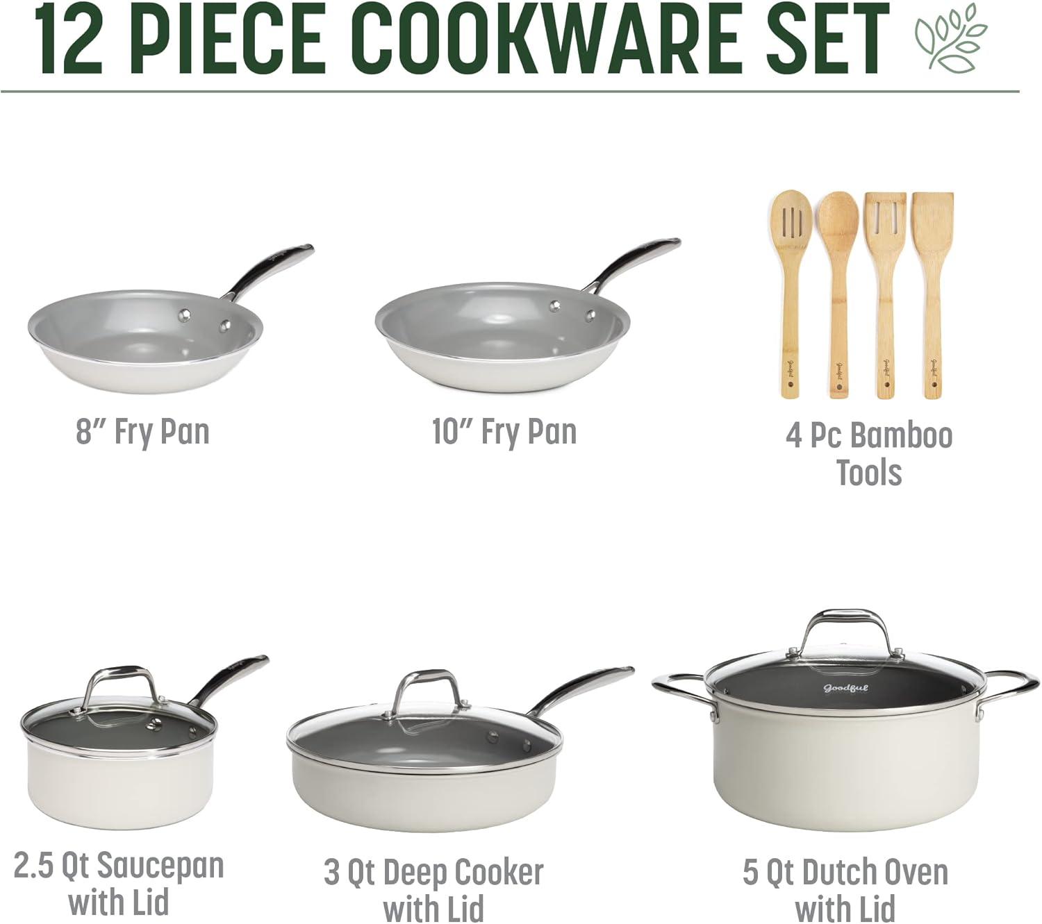Cream 12-Piece Nonstick Aluminum Cookware Set with Glass Lids
