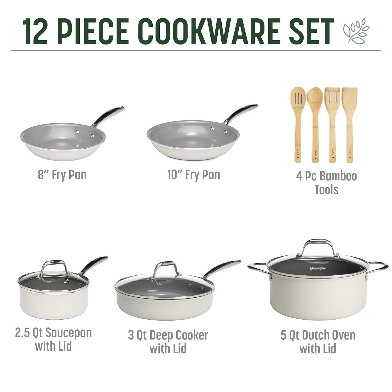 Goodful Ceramic Nonstick Pots and Pans Set, Titanium-Reinforced Premium Nonstick Coating, Dishwasher Safe Pots and Pans, Tempered Glass Steam Vented Lids, Stainless Steel Handles, 12-Piece, Cream