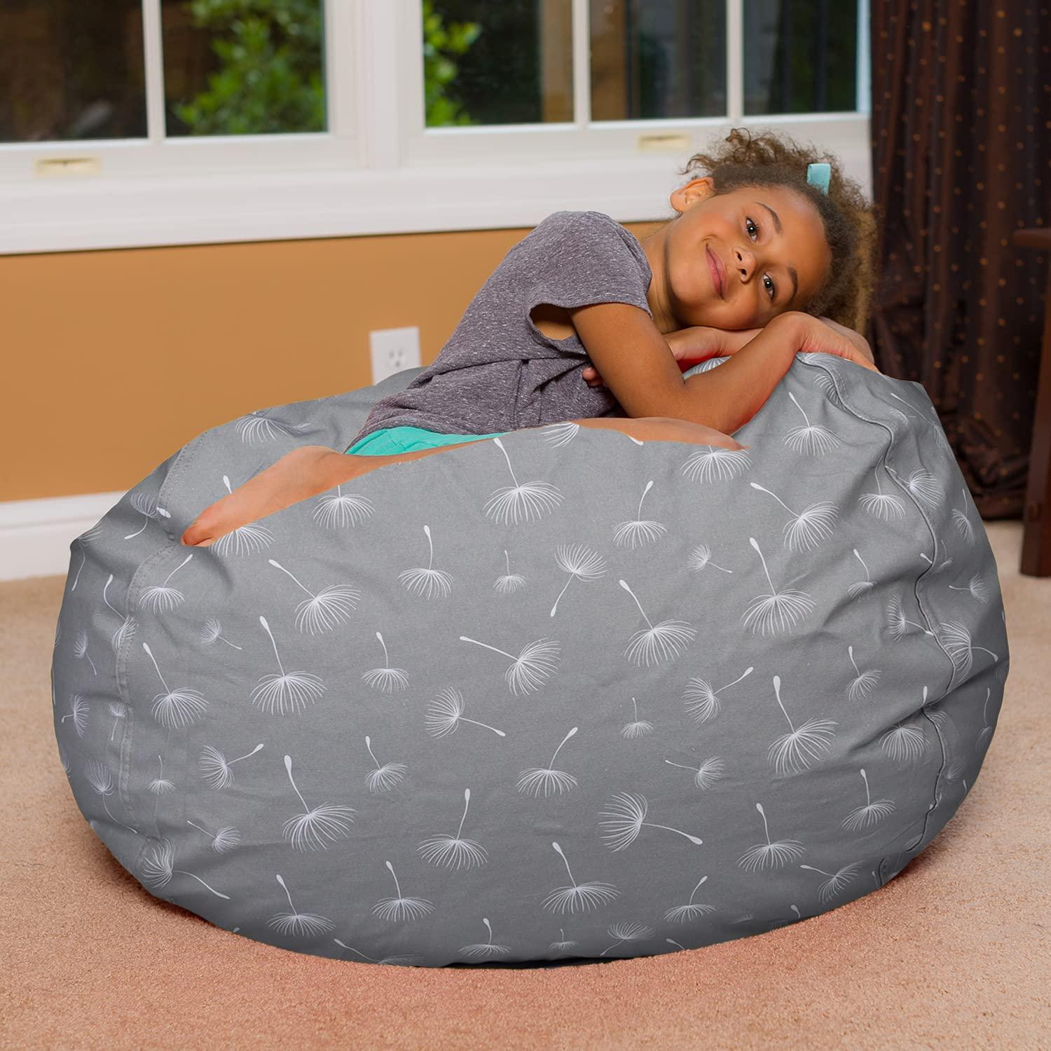 Posh Creations Kids Bean Bag Chair, Big Comfy Chair - Machine Washable Cover Canvas White Dandelions on Gray 38 Inches Large