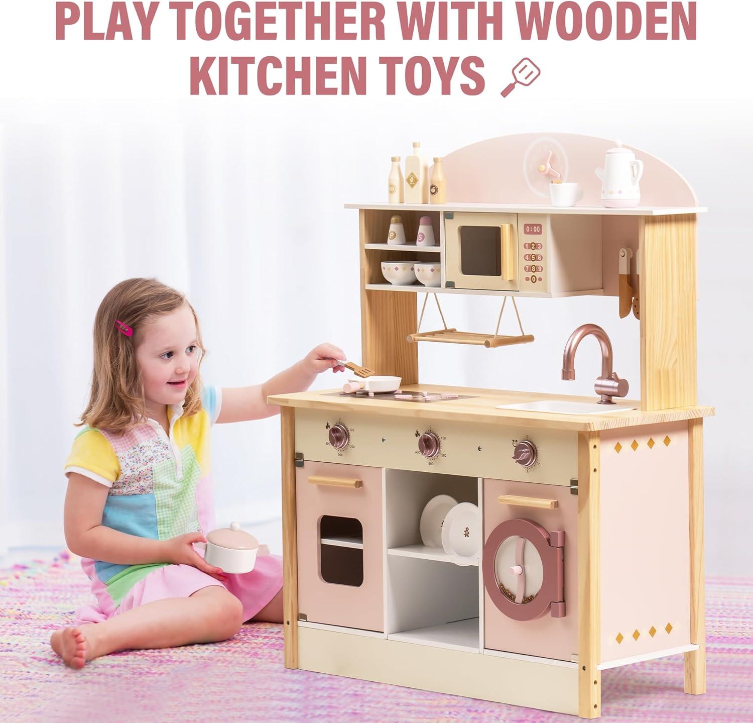 ROBOTIME Wooden Play Kitchen with Realistic Accessories for Kids Toddlers Girls & Boys Modern Style Cooking Toy Pink Kitchen