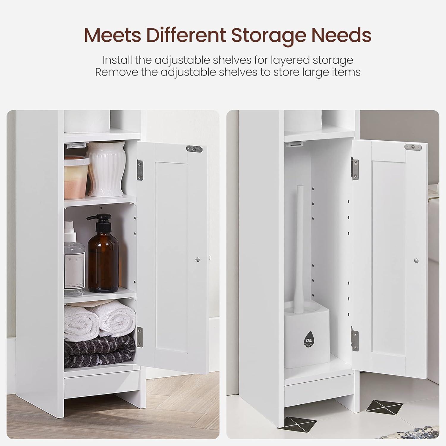 White MDF Narrow Bathroom Storage Cabinet with Adjustable Shelves