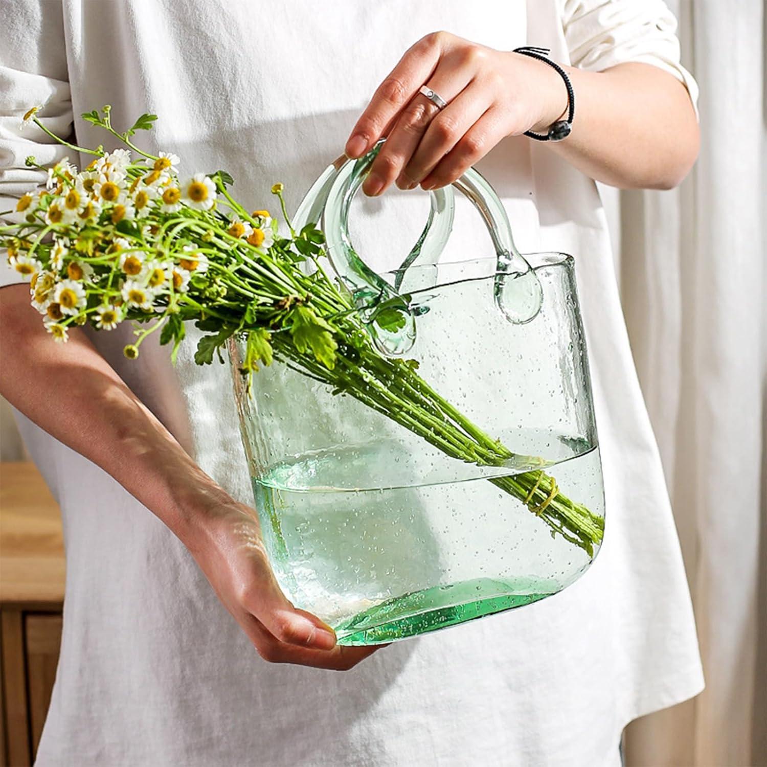 Aippl Glass Vase with Elegant Purse Design, Hand Purse vase with Fish Bowl, Unique Flower Vase with Handle and Bubbles - for Home Decor/Office/Garden/Wedding Decor/Enterpiece/Events(Light Green)