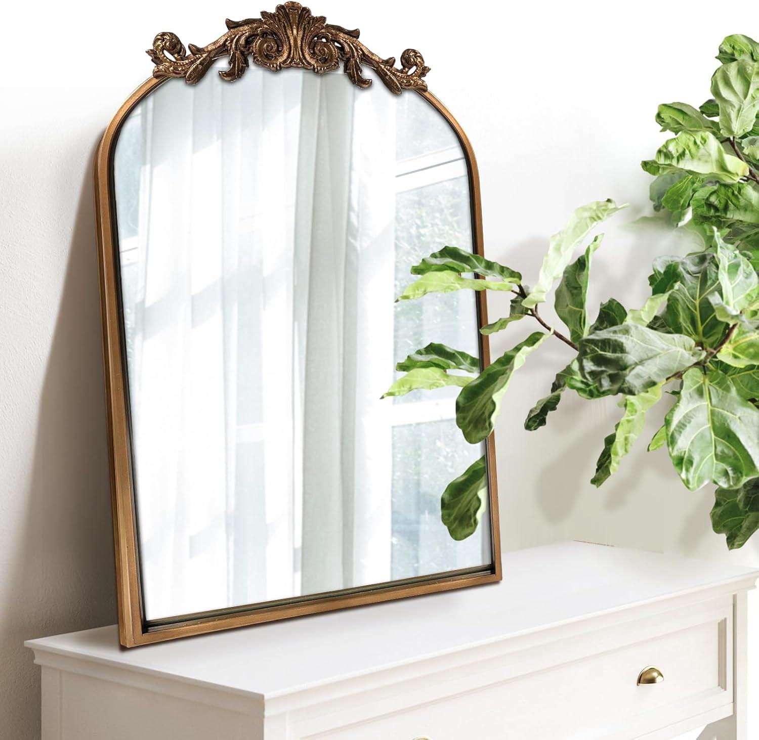 BohoBliss 24"X36" Gold Vintage Mirror for Wall, Antique Arch Mirror, Victorian Ornate Baroque Mirror for Wall, Mantel, Fireplace, Living Room, Hallway, Bathroom, Bedroom, Entryway