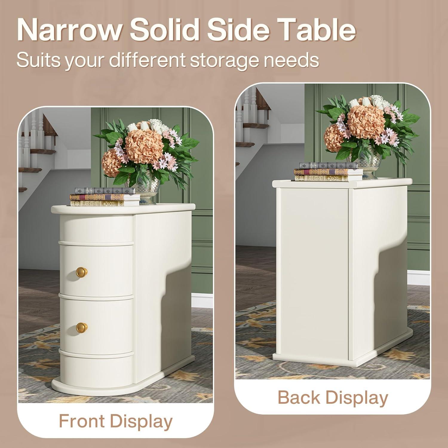 Hommoo Wood Narrow Nightstand with 2 Drawers Off-White