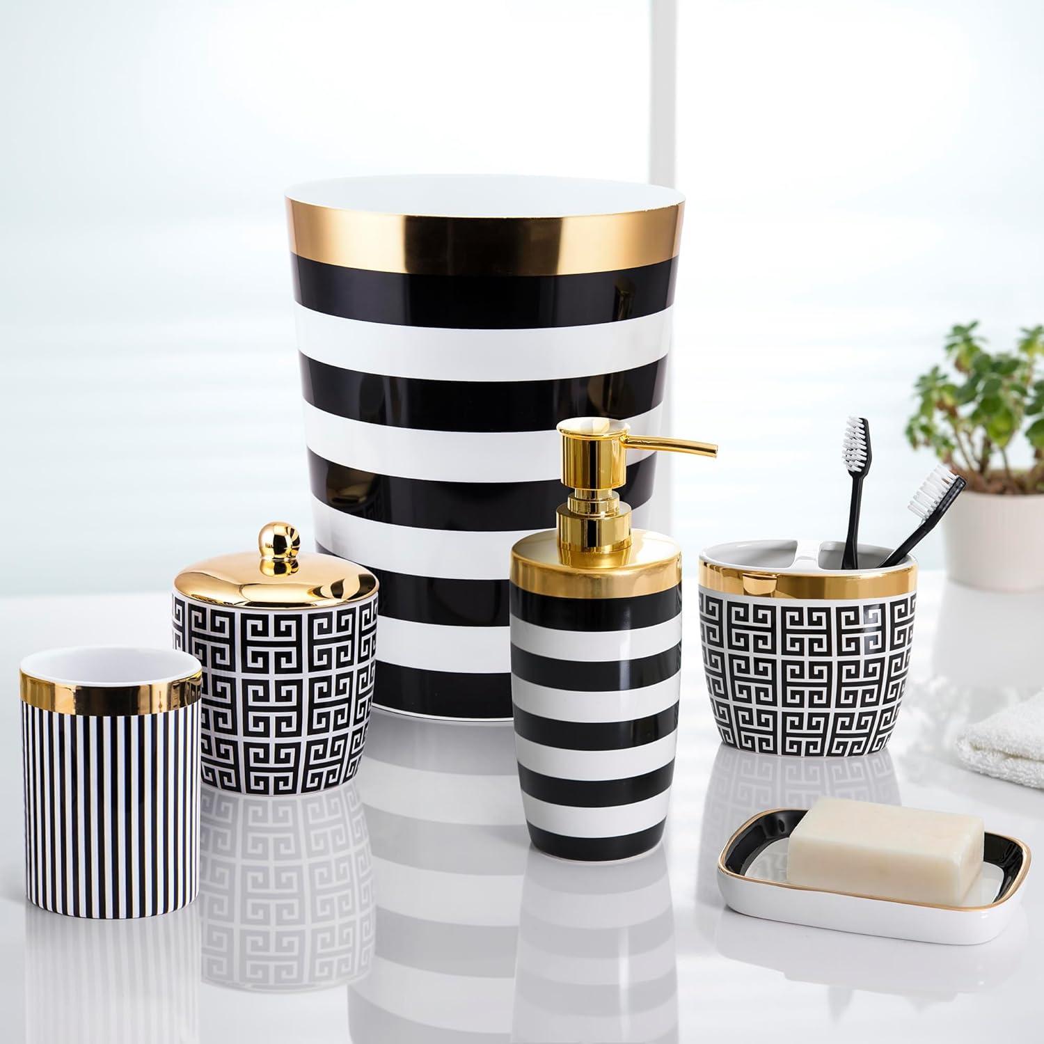 Derby Black and White Striped Plastic Wastebasket with Gold Accent