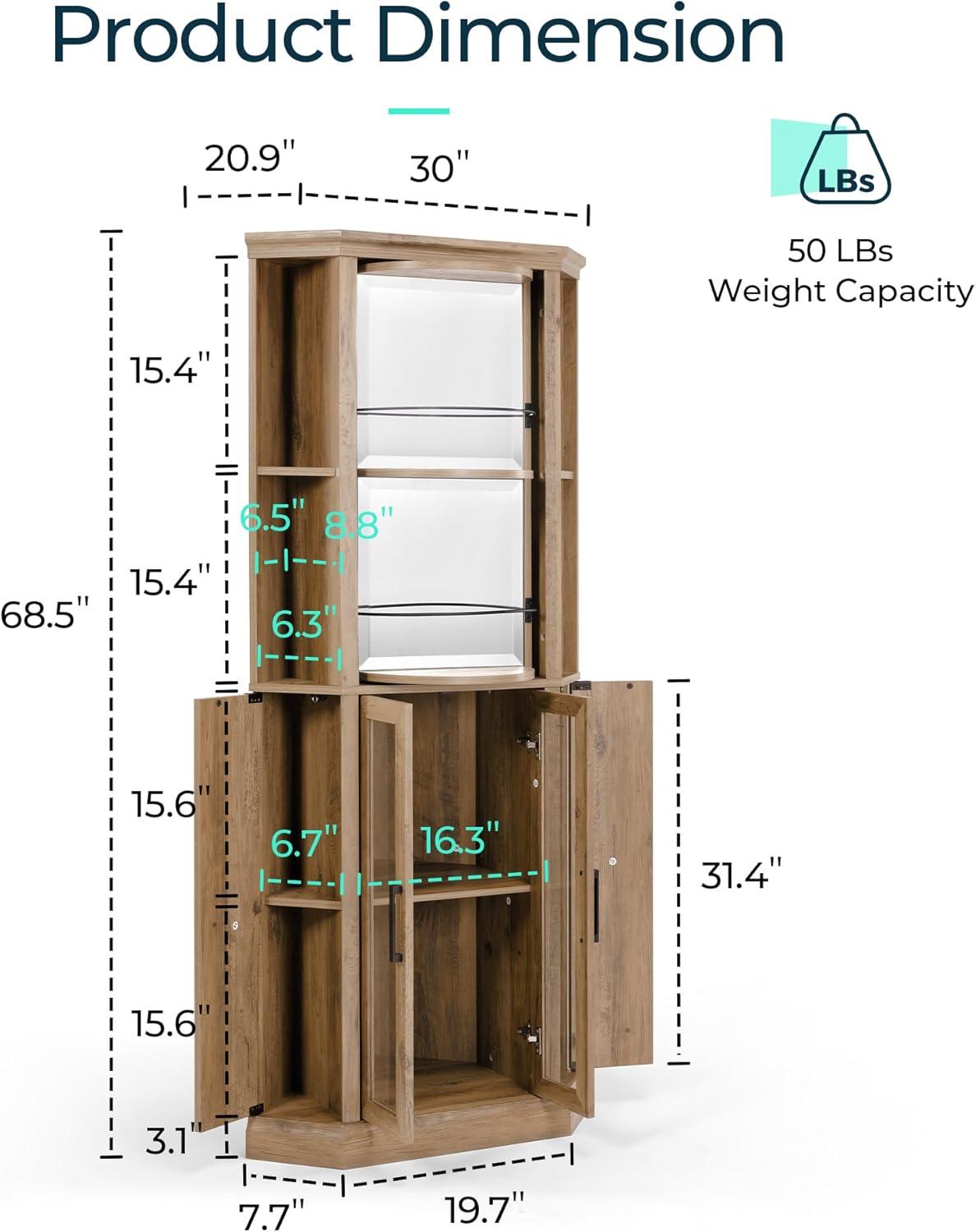 LINSY HOME Rotating Corner Bar Cabinet with Barn Door & Adjustable Shelves, 68.5" Tall Farmhouse Wine Cabinet with Liquor Shelves, Brown