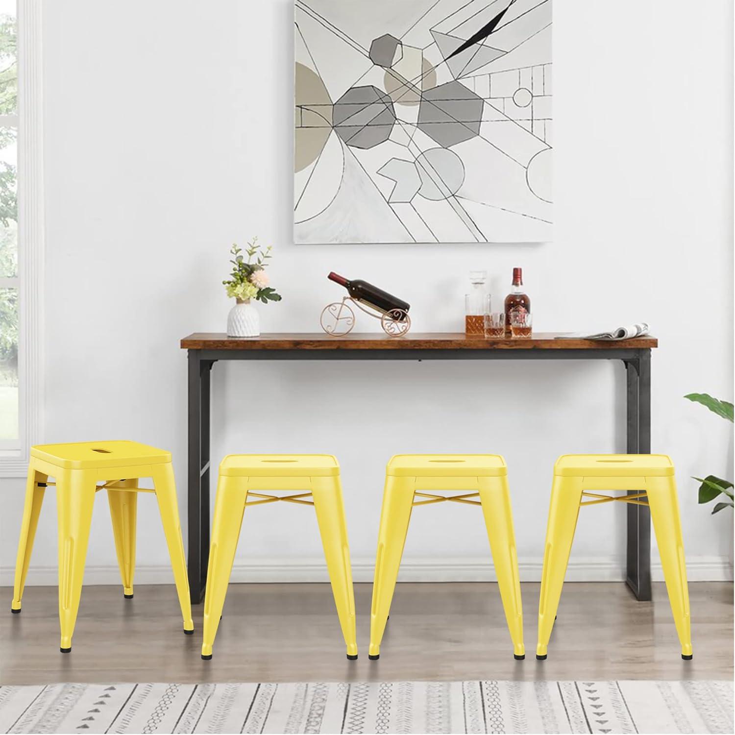 WENTMENT 18 Inch Stools Set of 4 Metal Stools Vintage Stackable Backless Stools for Classroom Home Kitchen Kids Stools Yellow