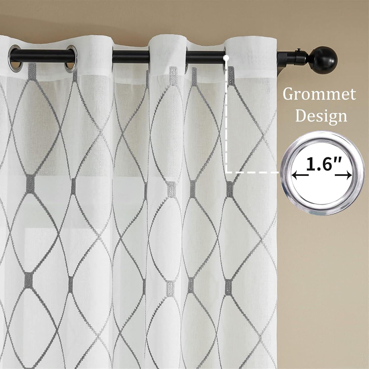 White and Grey Sheer Linen Grommet Curtain Panels