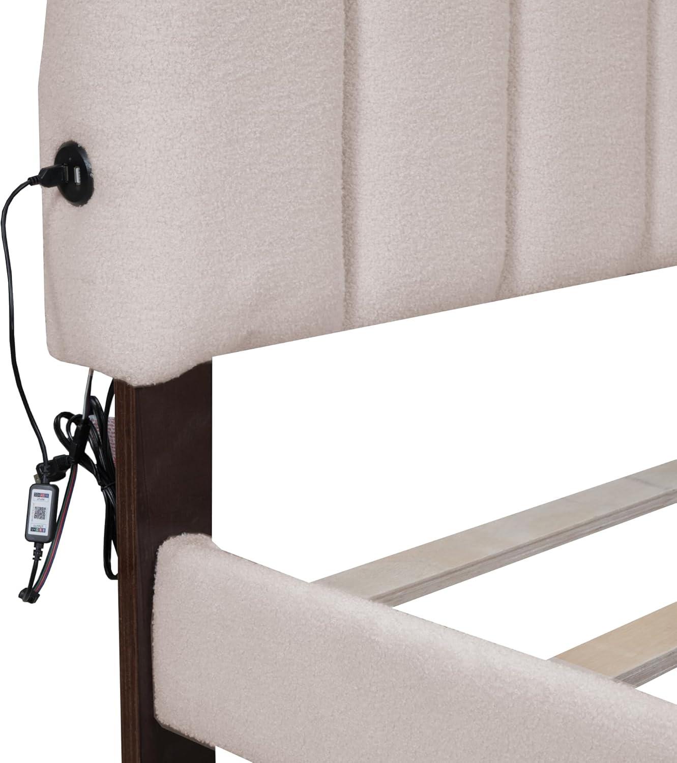 Harper & Bright Designs Queen Size Upholstered Platform Bed with Twin Size Trundle and 2 sets of USB Ports on each side, Linen Fabric, Beige