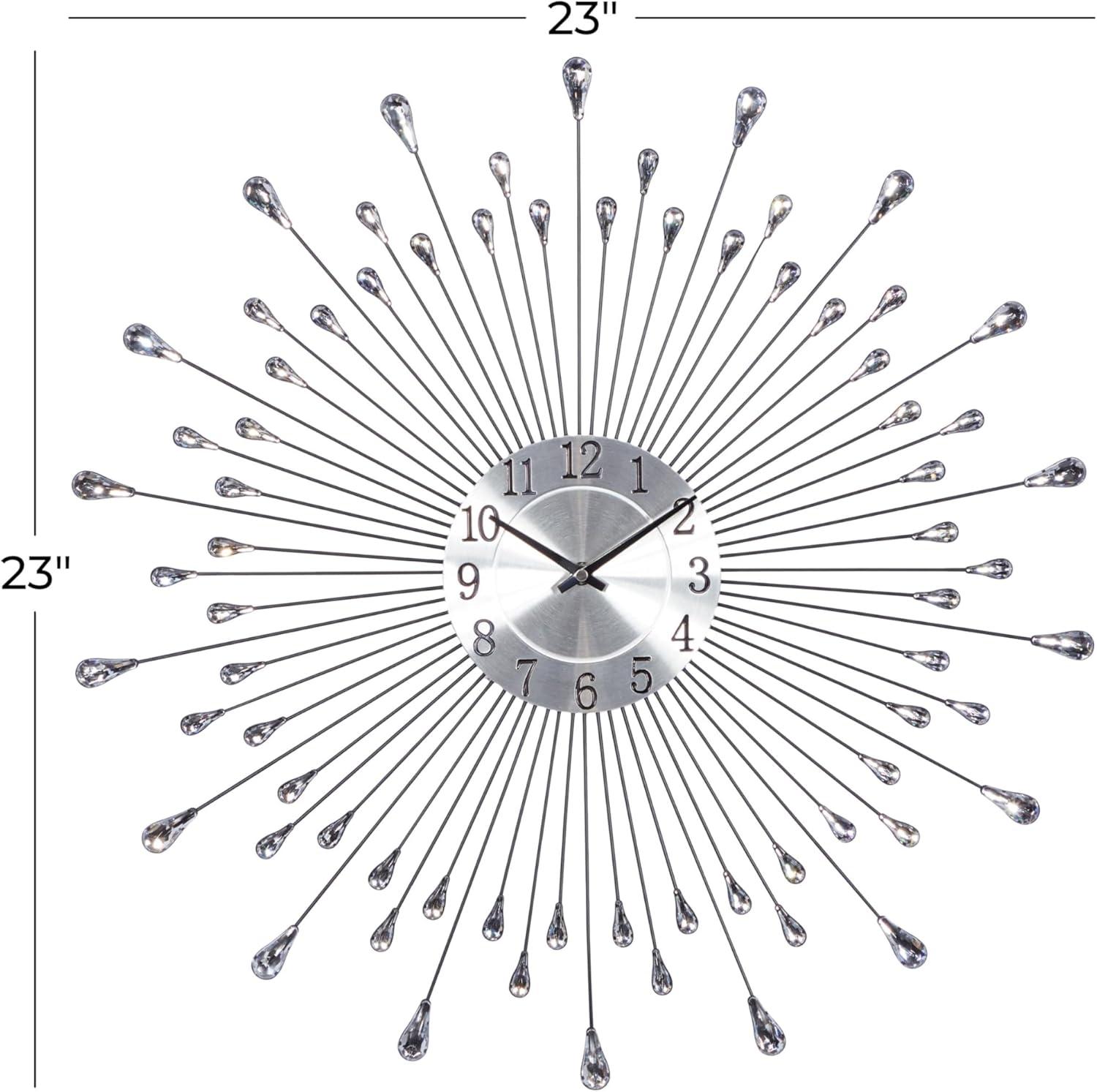 DecMode 23" Silver Metal Starburst Wall Clock with Crystal Embellishment