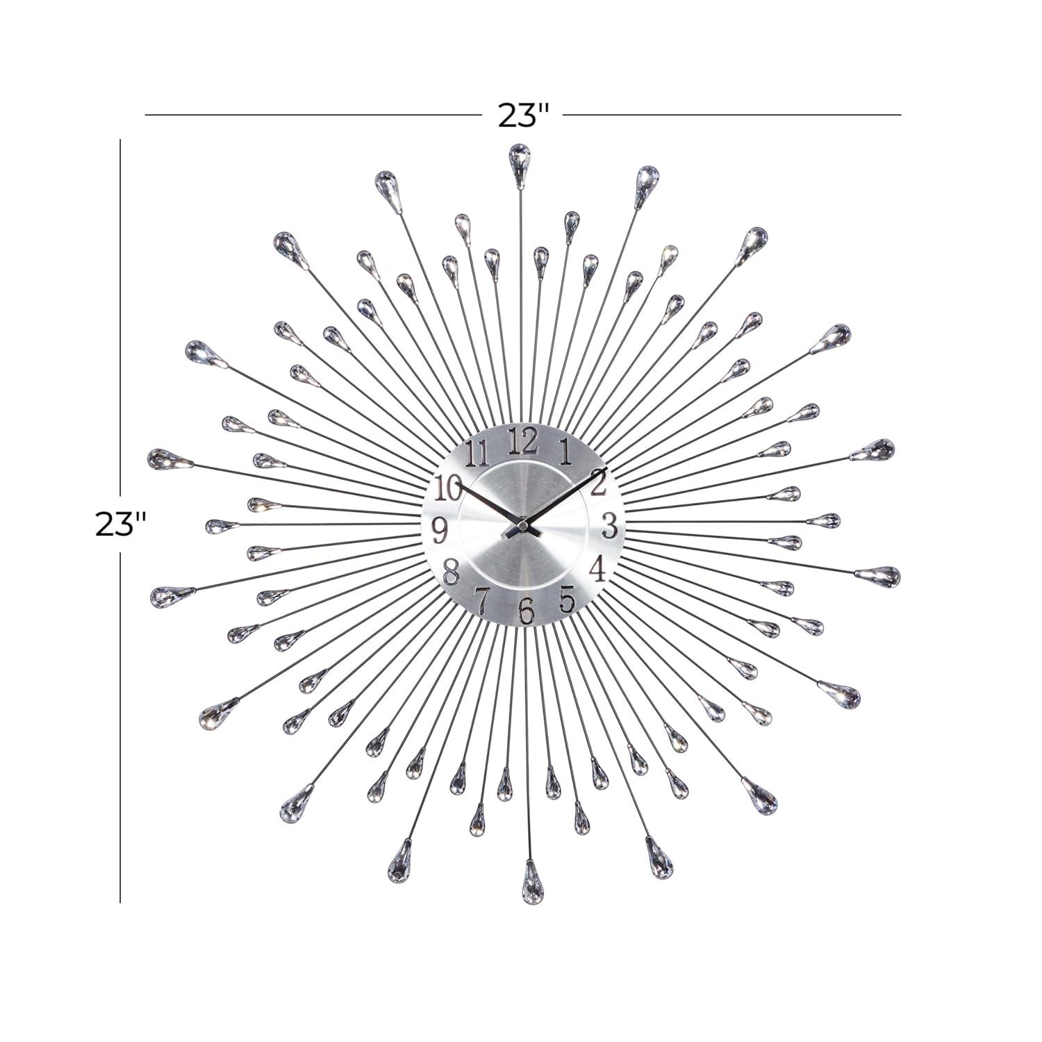 DecMode 23" Silver Metal Starburst Wall Clock with Crystal Embellishment