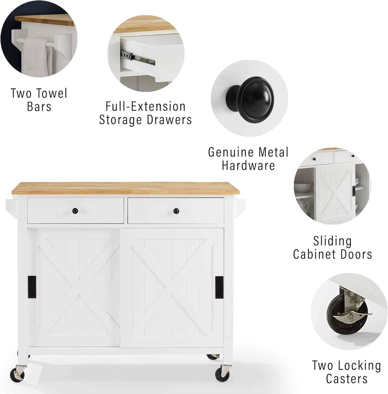 Laurel Kitchen Island/Cart White/Natural - Crosley: Farmhouse Style, Towel Bar, Adjustable Shelf