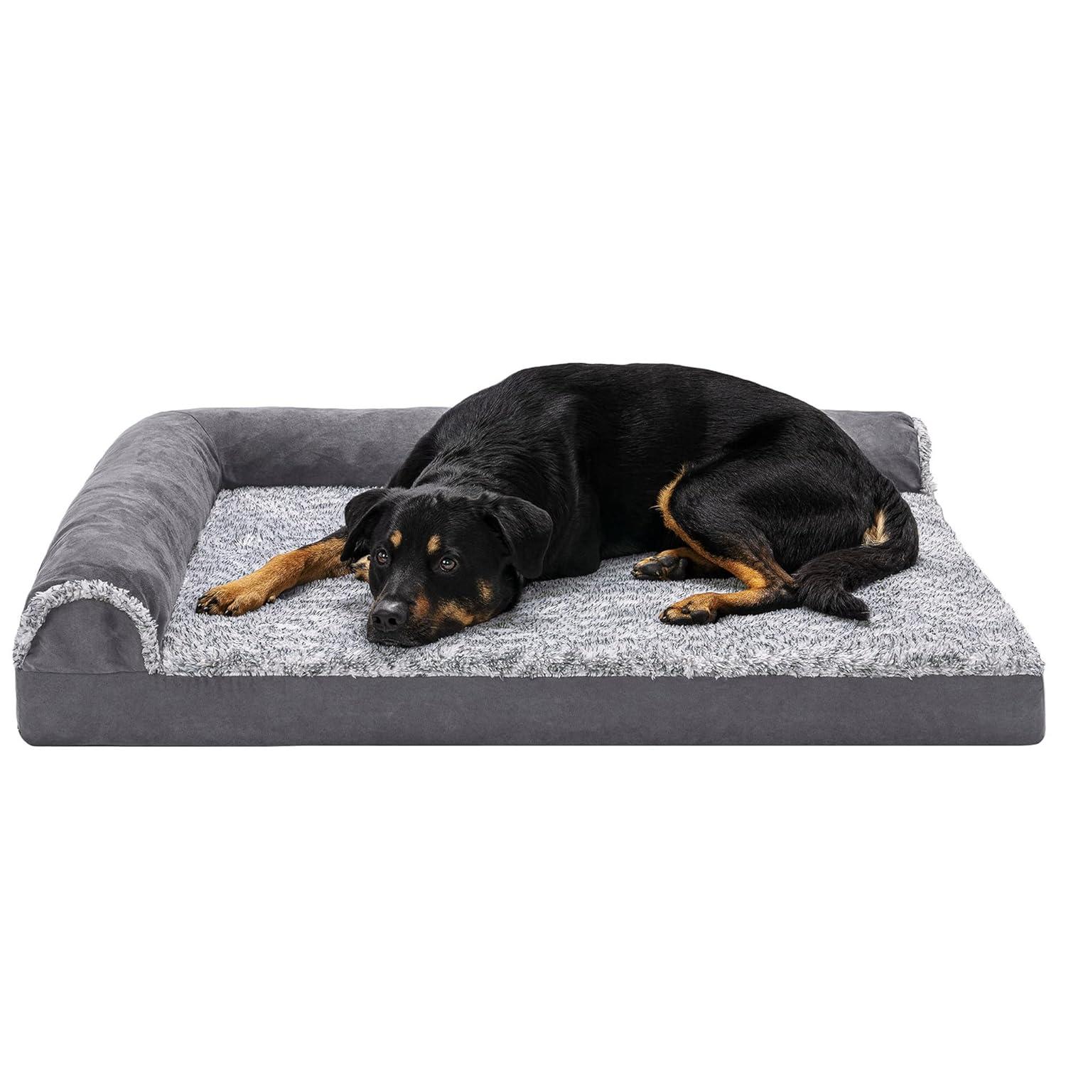 FurHaven Two-Tone Faux Fur & Suede Deluxe Chaise Lounge Orthopedic Sofa Dog Bed - Jumbo, Stone Gray
